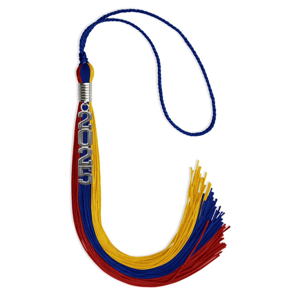 Royal Blue/Red/Gold Graduation Tassel with Silver Stacked Date Drop - Endea Graduation