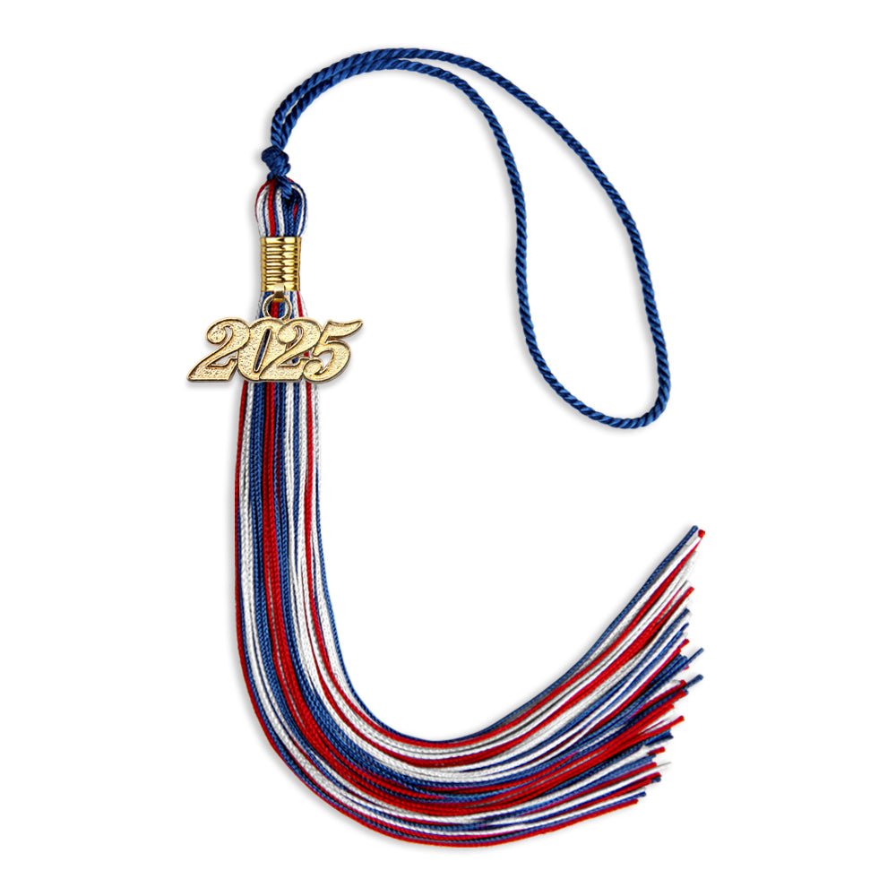 Royal Blue/Red/White Mixed Color Graduation Tassel with Gold Date Drop - Endea Graduation