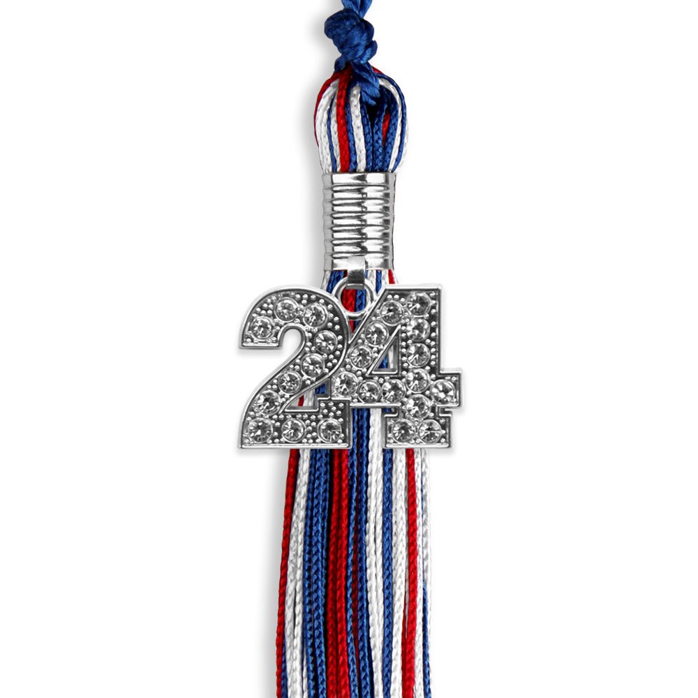 Royal Blue/Red/White Mixed Color Graduation Tassel with Silver Date Drop - Endea Graduation