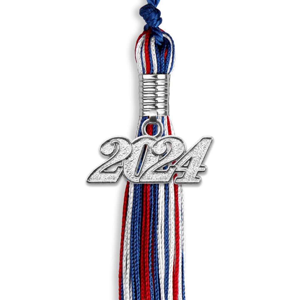 Royal Blue/Red/White Mixed Color Graduation Tassel with Silver Date Drop - Endea Graduation