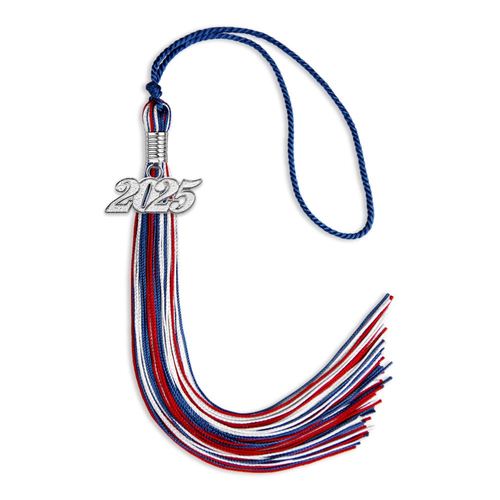 Royal Blue/Red/White Mixed Color Graduation Tassel with Silver Date Drop - Endea Graduation