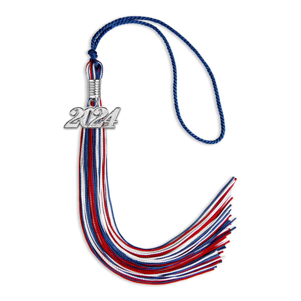 Royal Blue/Red/White Mixed Color Graduation Tassel with Silver Date Drop - Endea Graduation