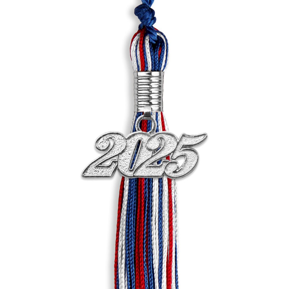 Royal Blue/Red/White Mixed Color Graduation Tassel with Silver Date Drop - Endea Graduation