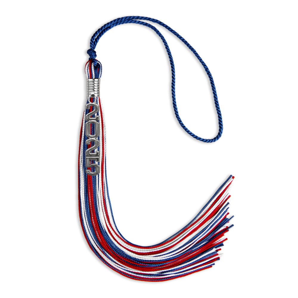 Royal Blue/Red/White Mixed Color Graduation Tassel with Silver Stacked Date Drop - Endea Graduation