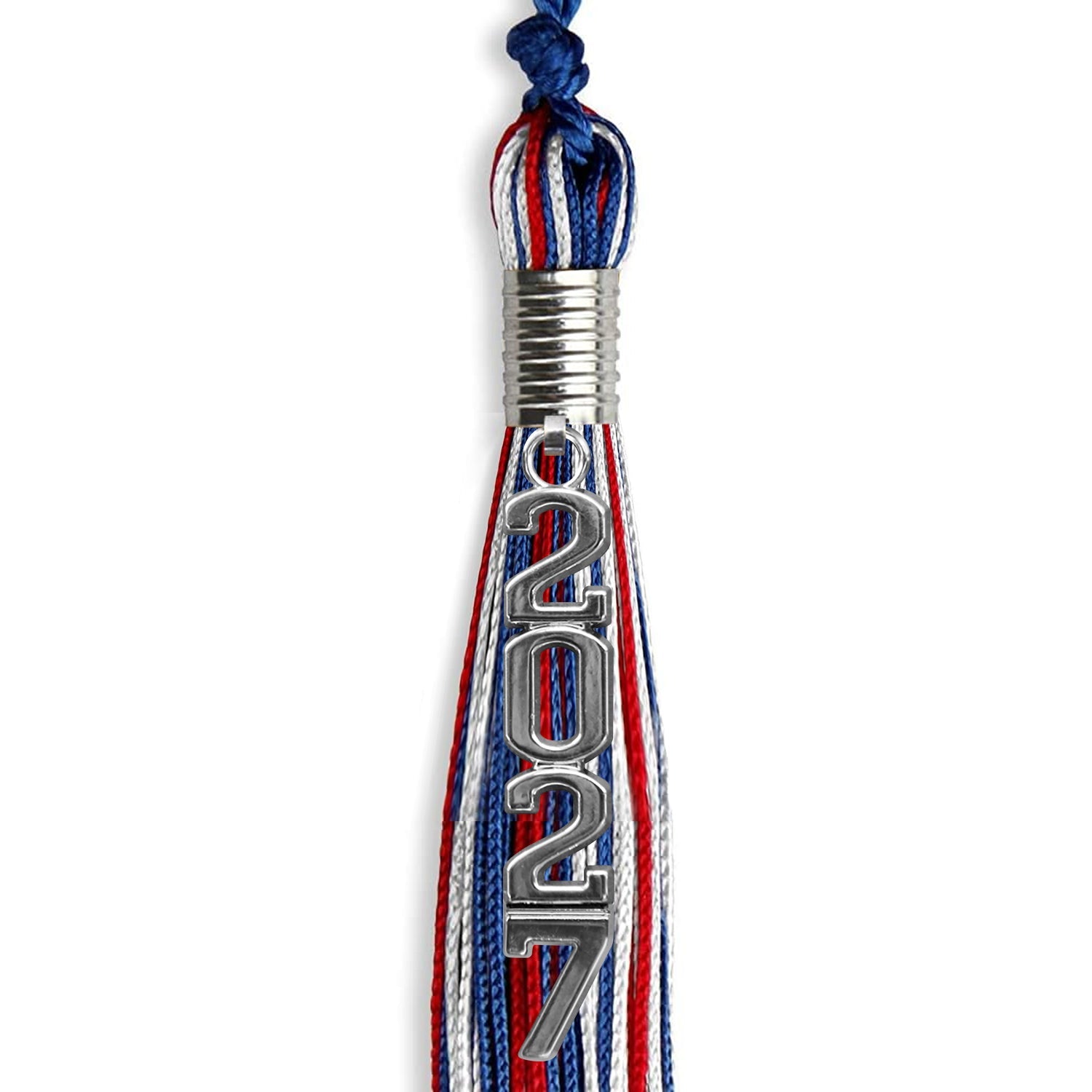 Royal Blue/Red/White Mixed Color Graduation Tassel with Silver Stacked Date Drop - Endea Graduation