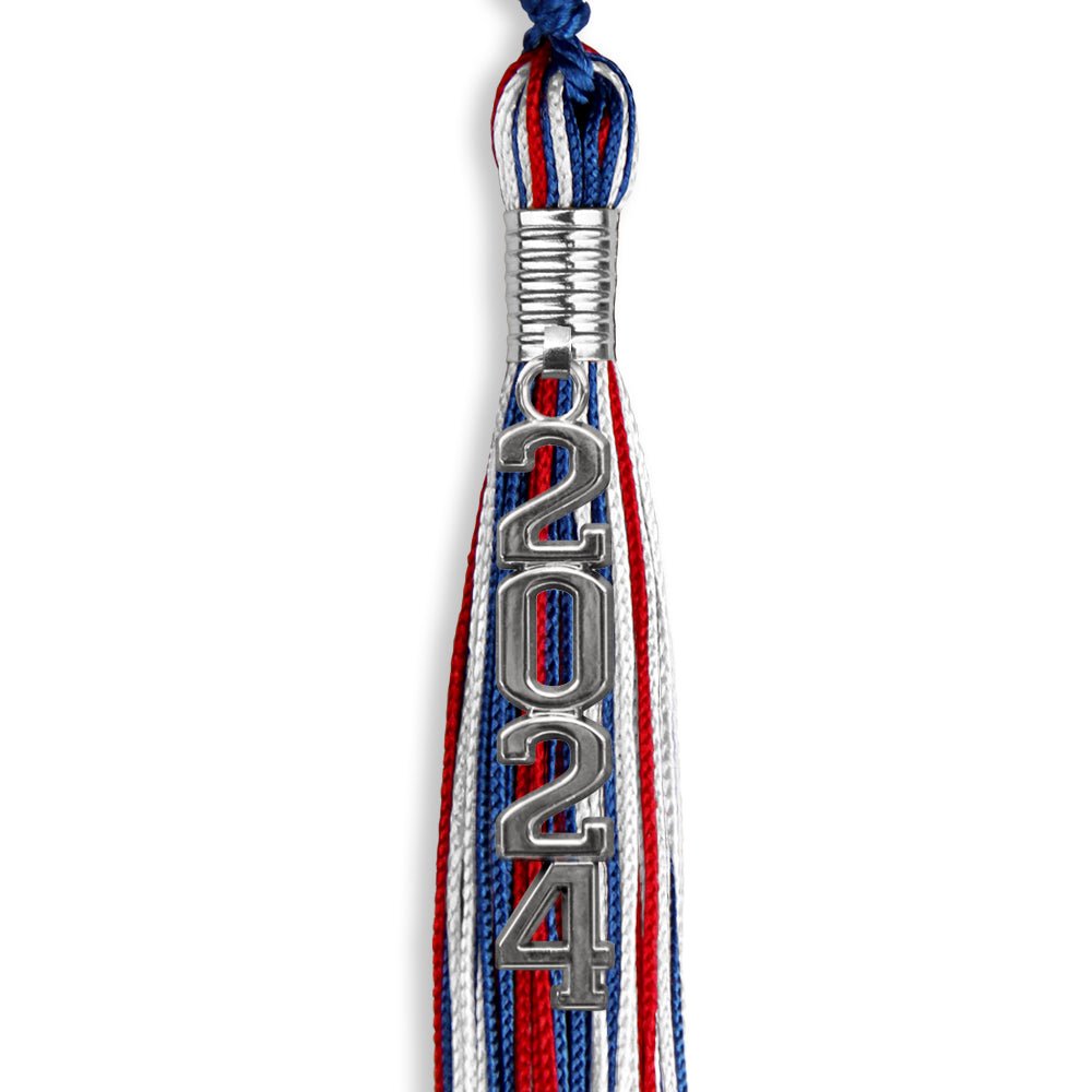 Royal Blue/Red/White Mixed Color Graduation Tassel with Silver Stacked Date Drop - Endea Graduation