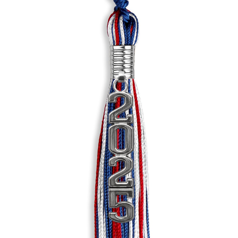 Royal Blue/Red/White Mixed Color Graduation Tassel with Silver Stacked Date Drop - Endea Graduation