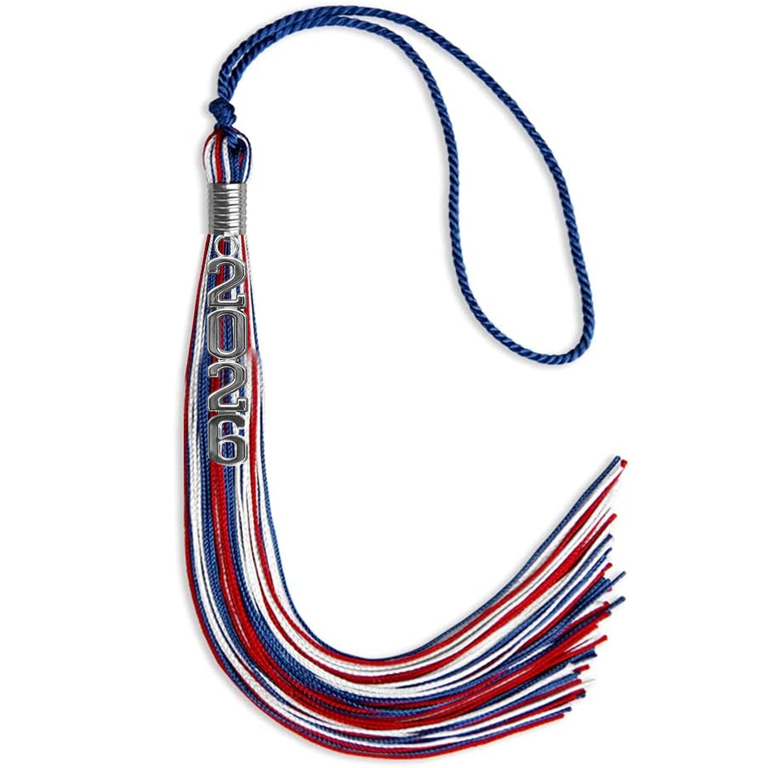 Royal Blue/Red/White Mixed Color Graduation Tassel with Silver Stacked Date Drop - Endea Graduation