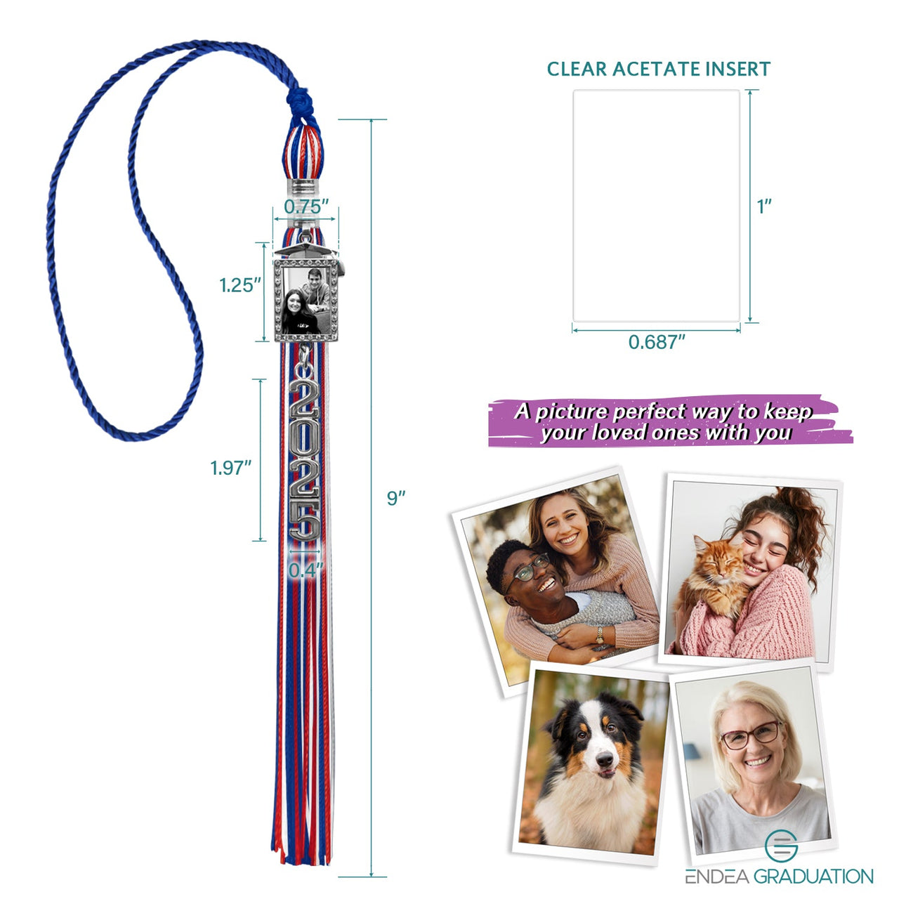 Royal Blue/Red/White Tassel with Photo Frame Charm and Stacked Date Drop - Endea Graduation