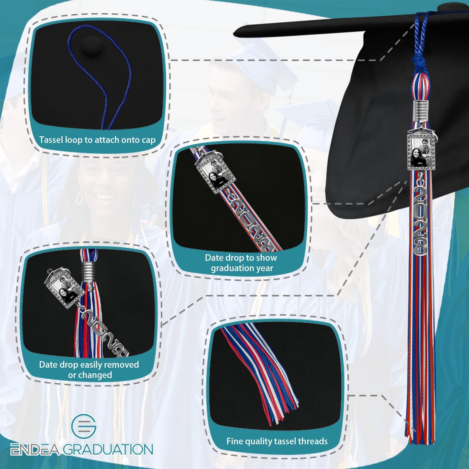 Royal Blue/Red/White Tassel with Photo Frame Charm and Stacked Date Drop - Endea Graduation