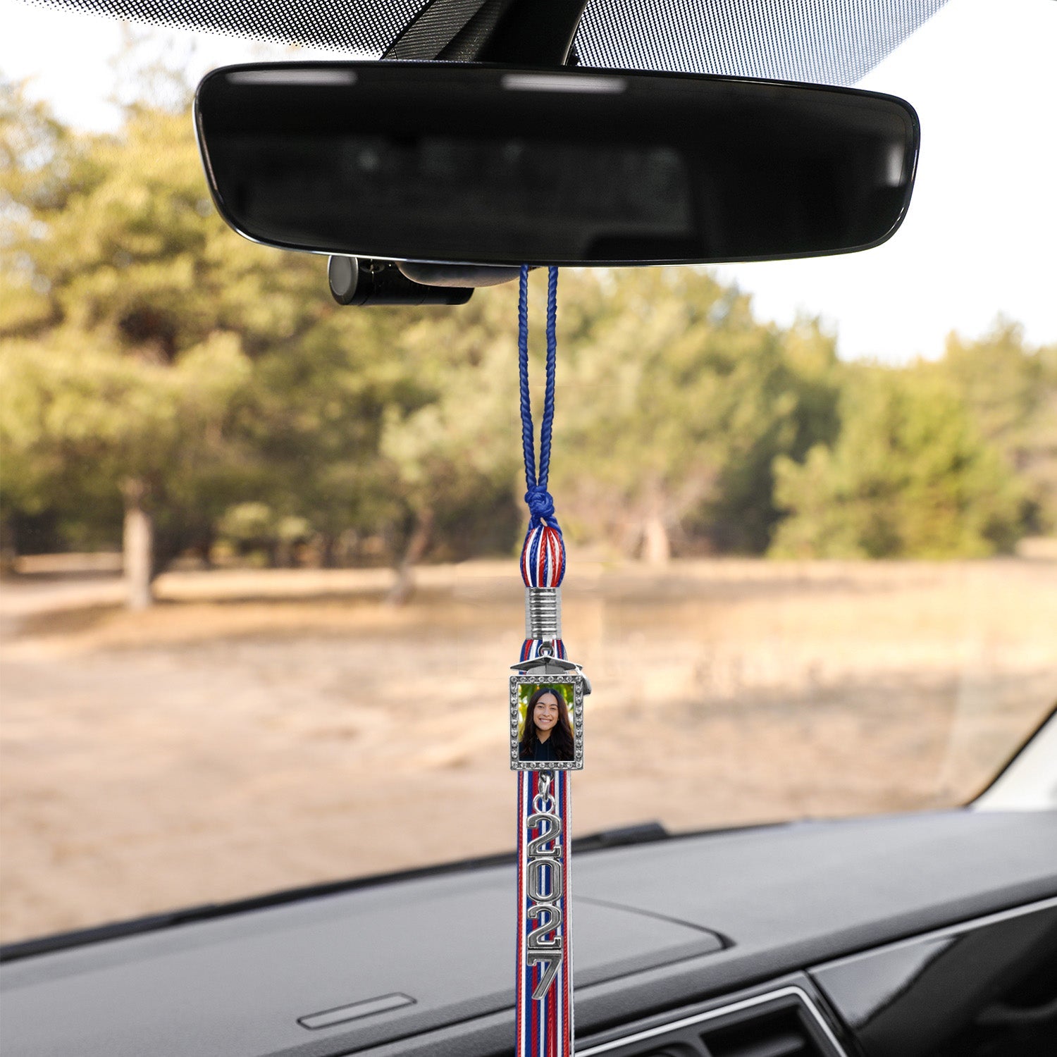Royal Blue/Red/White Tassel with Photo Frame Charm and Stacked Date Drop - Endea Graduation