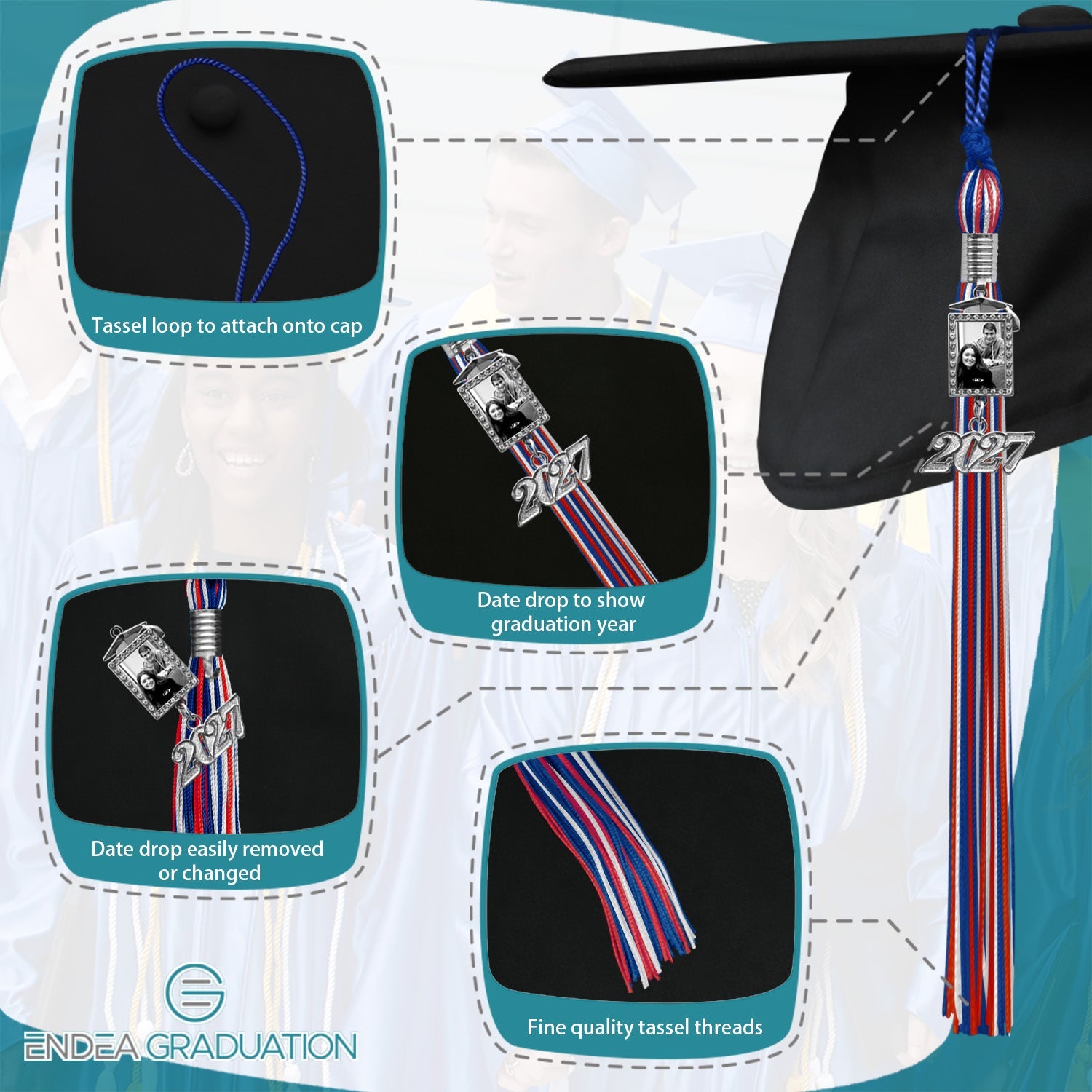 Royal Blue/Red/White Tassel with Photo Frame Charm and Year Date Drop - Endea Graduation