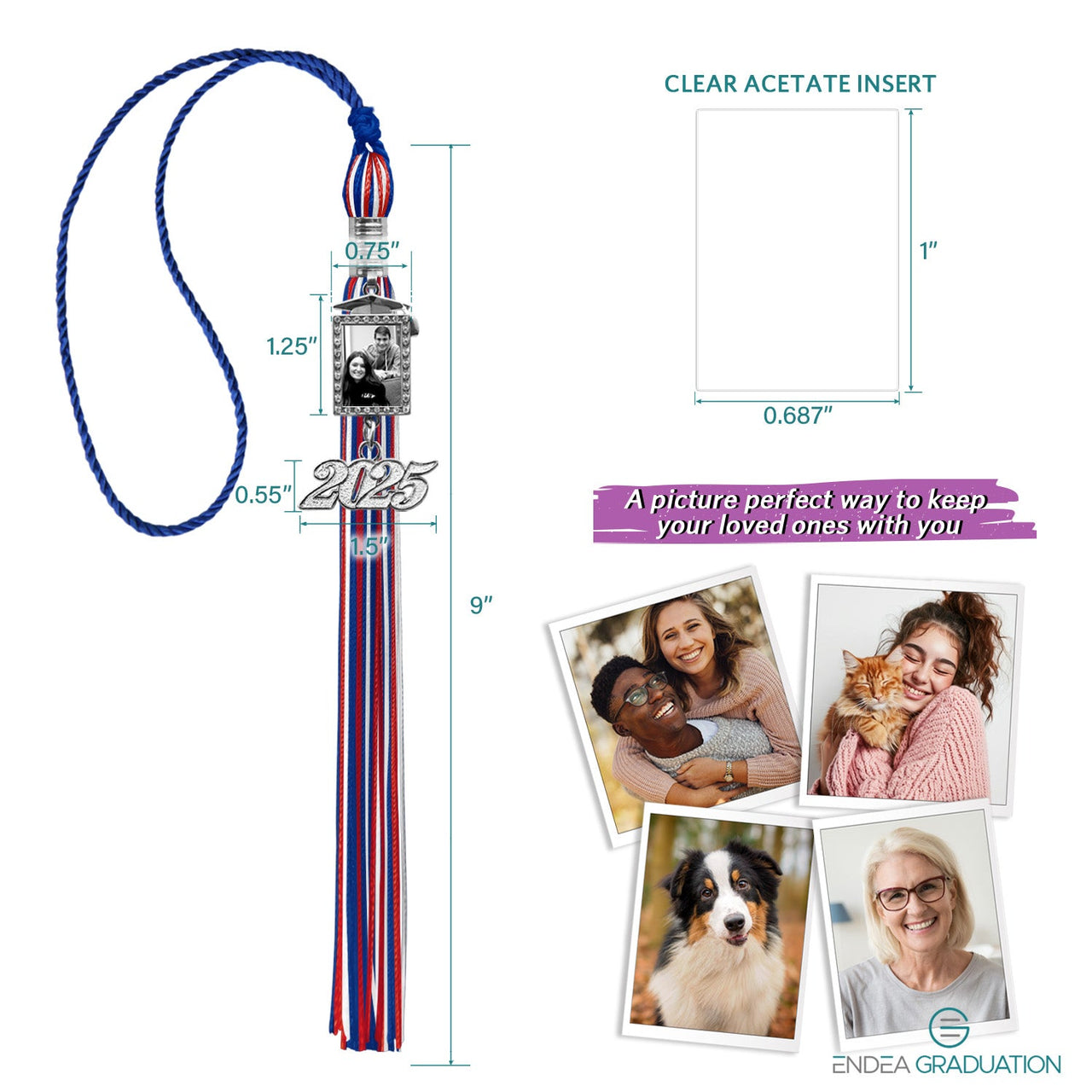 Royal Blue/Red/White Tassel with Photo Frame Charm and Year Date Drop - Endea Graduation