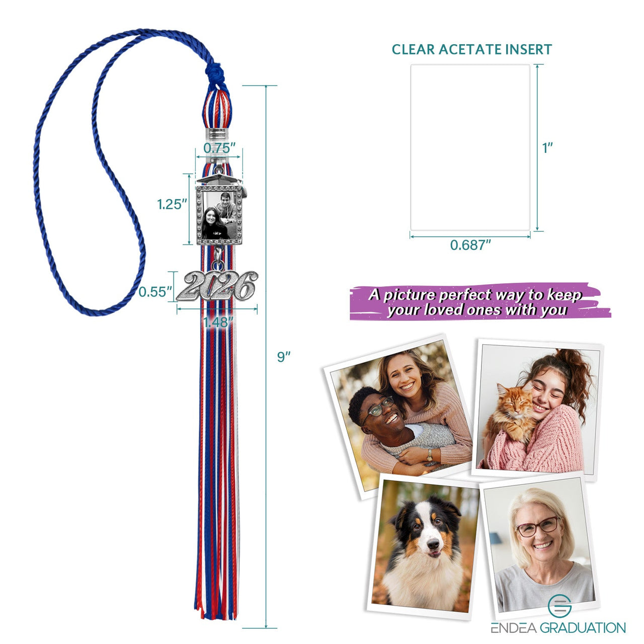 Royal Blue/Red/White Tassel with Photo Frame Charm and Year Date Drop - Endea Graduation