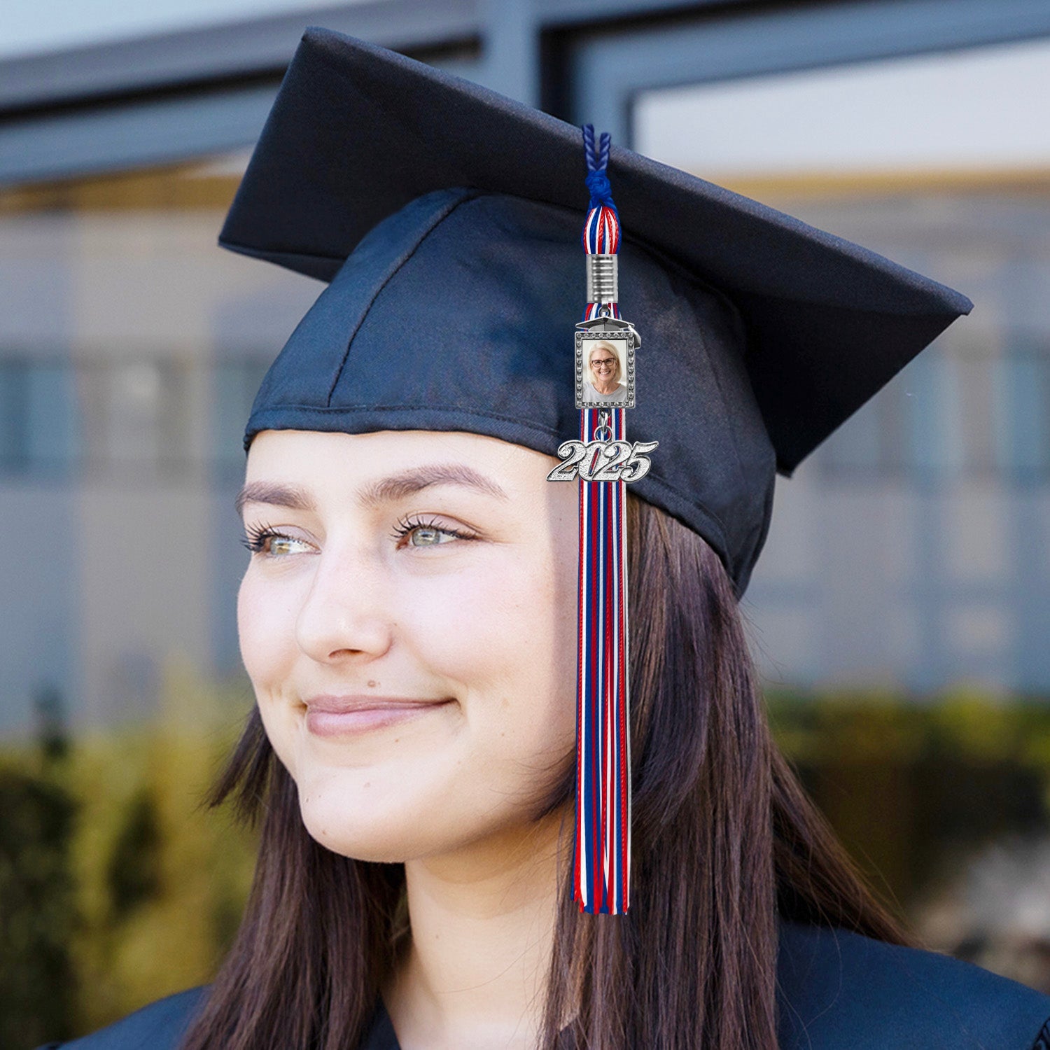 Royal Blue/Red/White Tassel with Photo Frame Charm and Year Date Drop - Endea Graduation