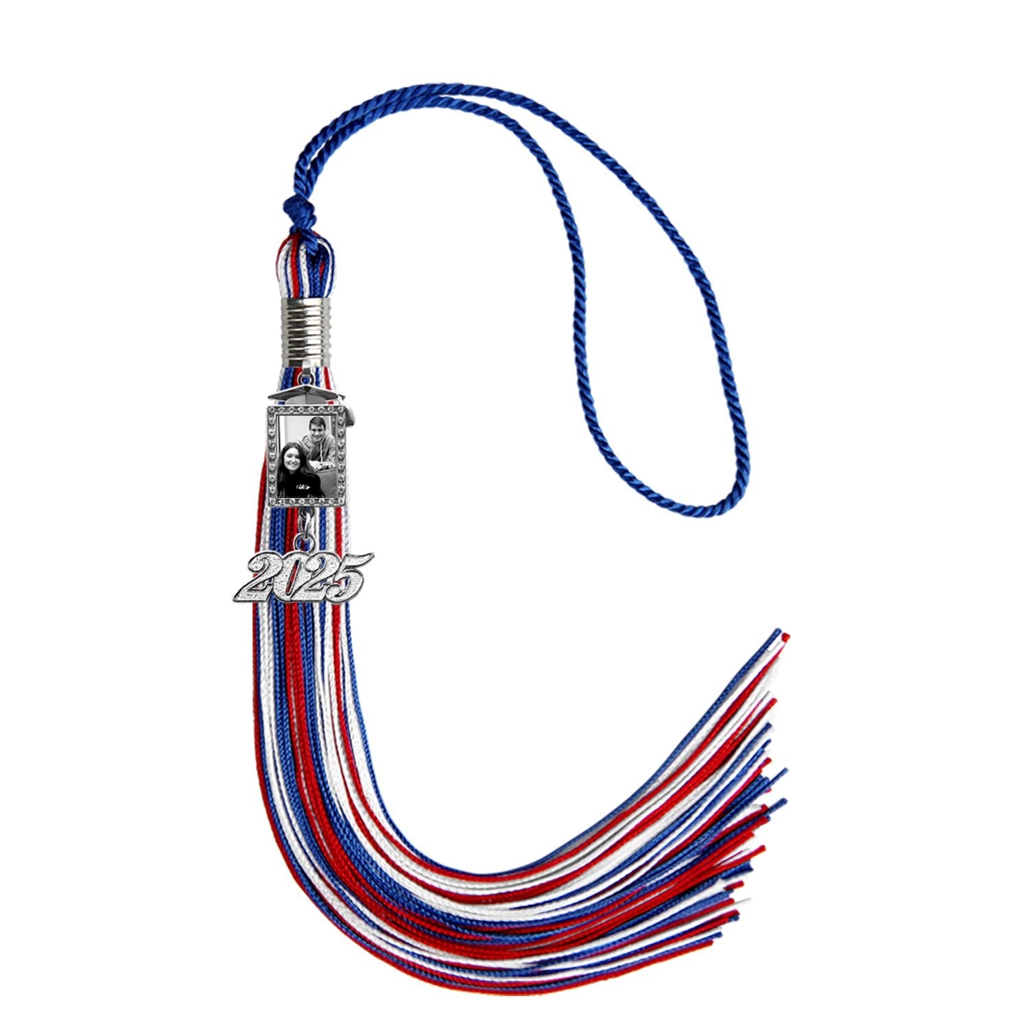 Royal Blue/Red/White Tassel with Photo Frame Charm and Year Date Drop - Endea Graduation