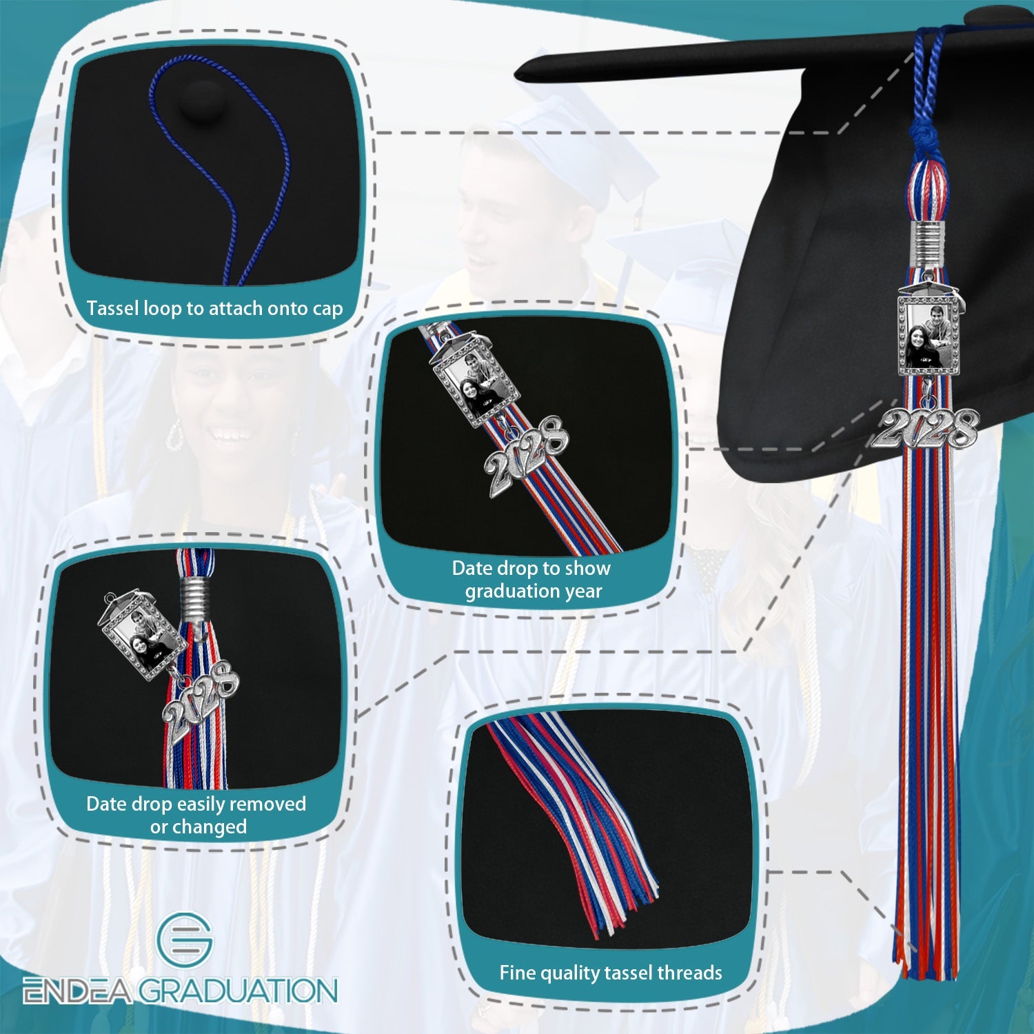 Royal Blue/Red/White Tassel with Photo Frame Charm and Year Date Drop - Endea Graduation