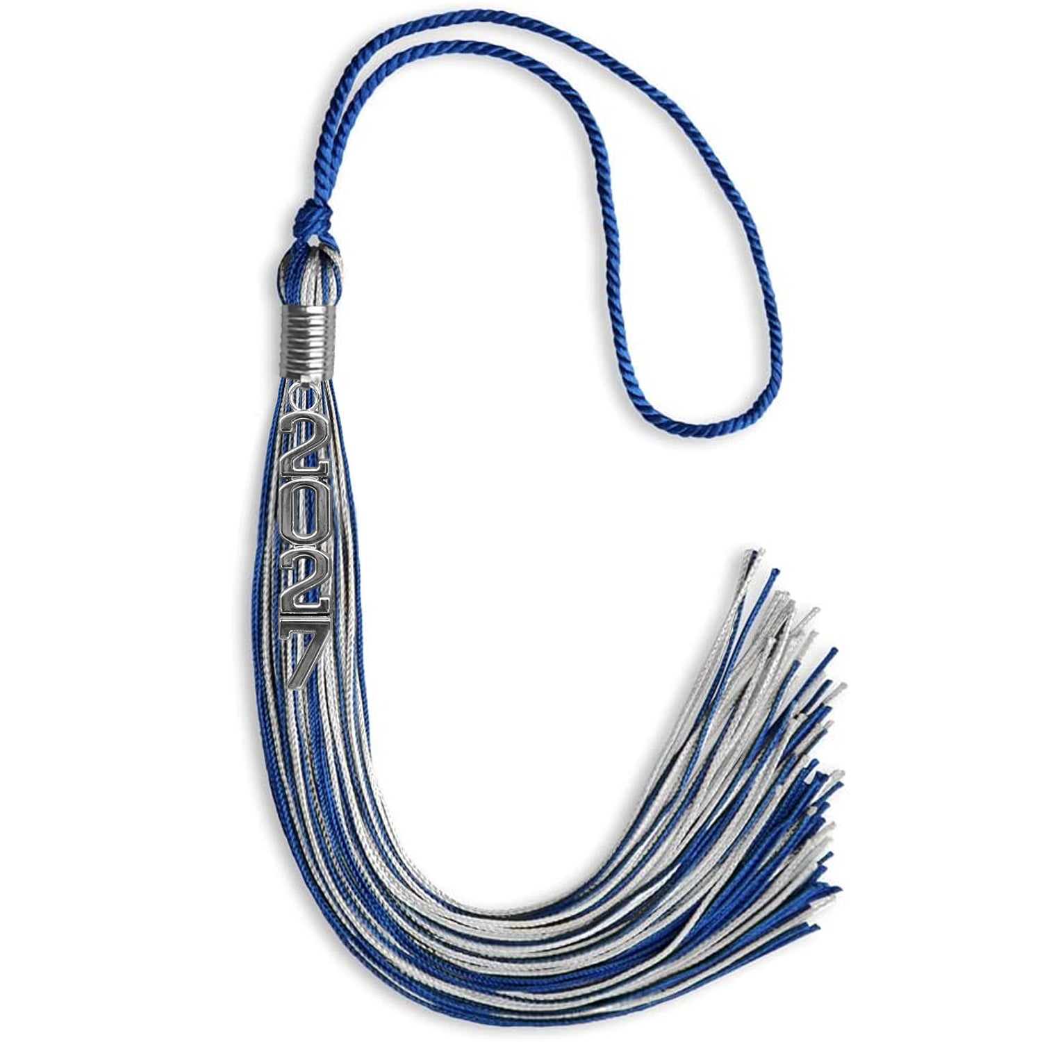 Royal Blue/Silver Mixed Color Graduation Tassel with Stacked Silver Date Drop - Endea Graduation