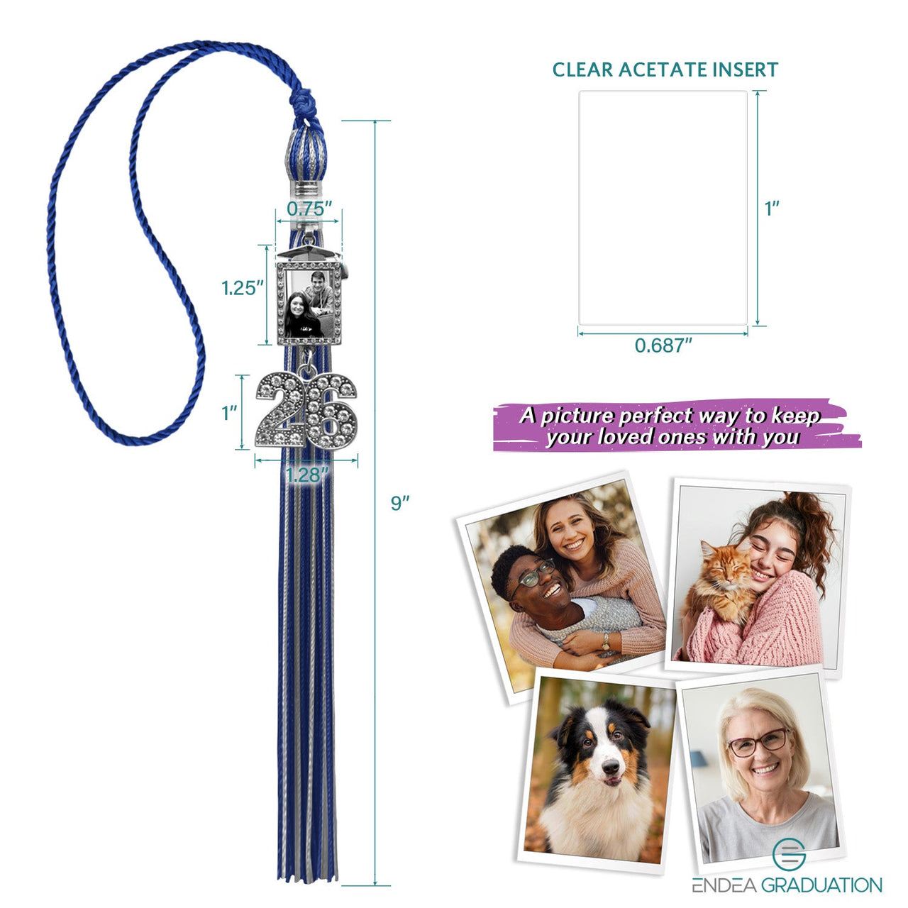 Royal Blue/Silver Tassel with Photo Frame Charm and Bling Charm - Endea Graduation