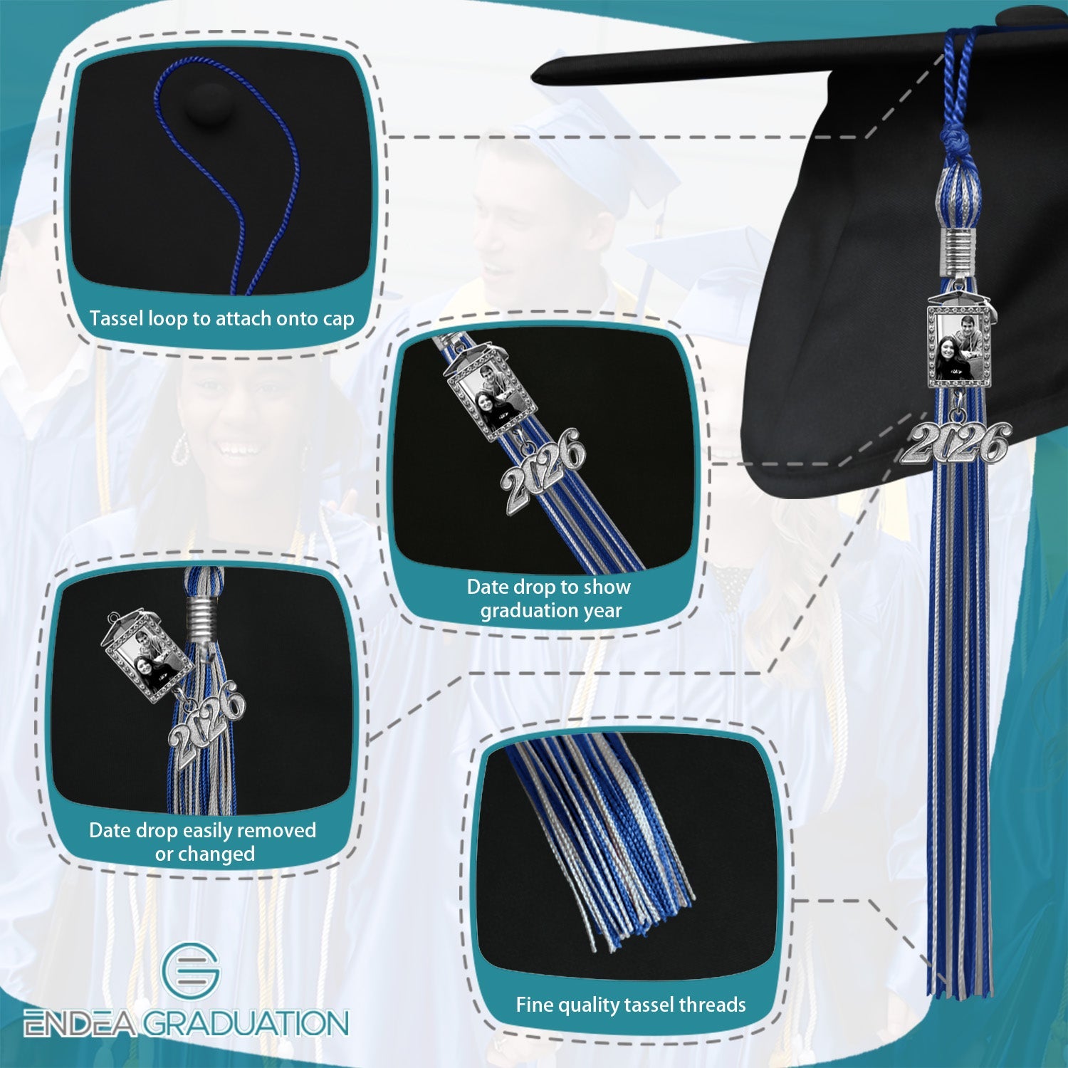 Royal Blue/Silver Tassel with Photo Frame Charm and Year Date Drop - Endea Graduation
