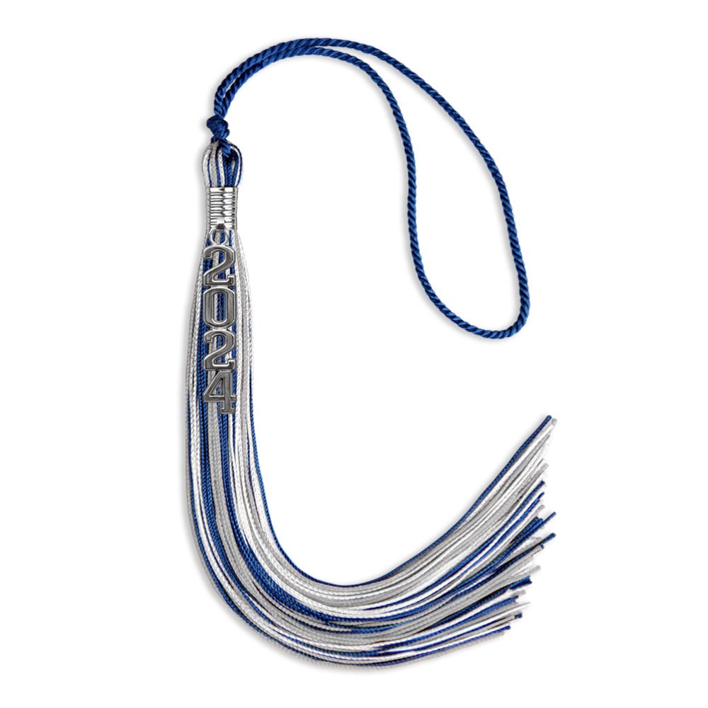 Royal Blue/Silver/White Mixed Color Graduation Tassel with Silver Stacked Date Drop - Endea Graduation