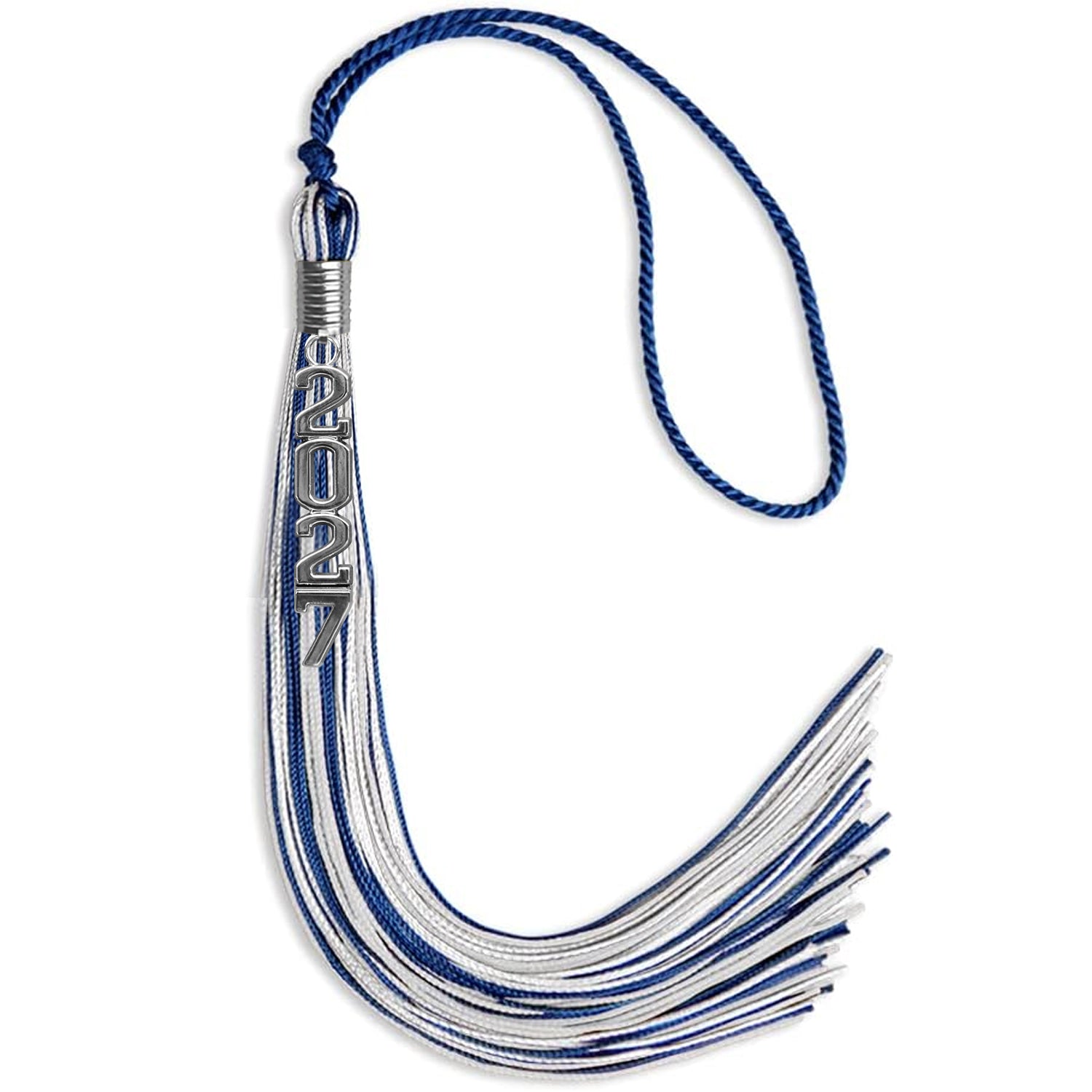 Royal Blue/Silver/White Mixed Color Graduation Tassel with Silver Stacked Date Drop - Endea Graduation