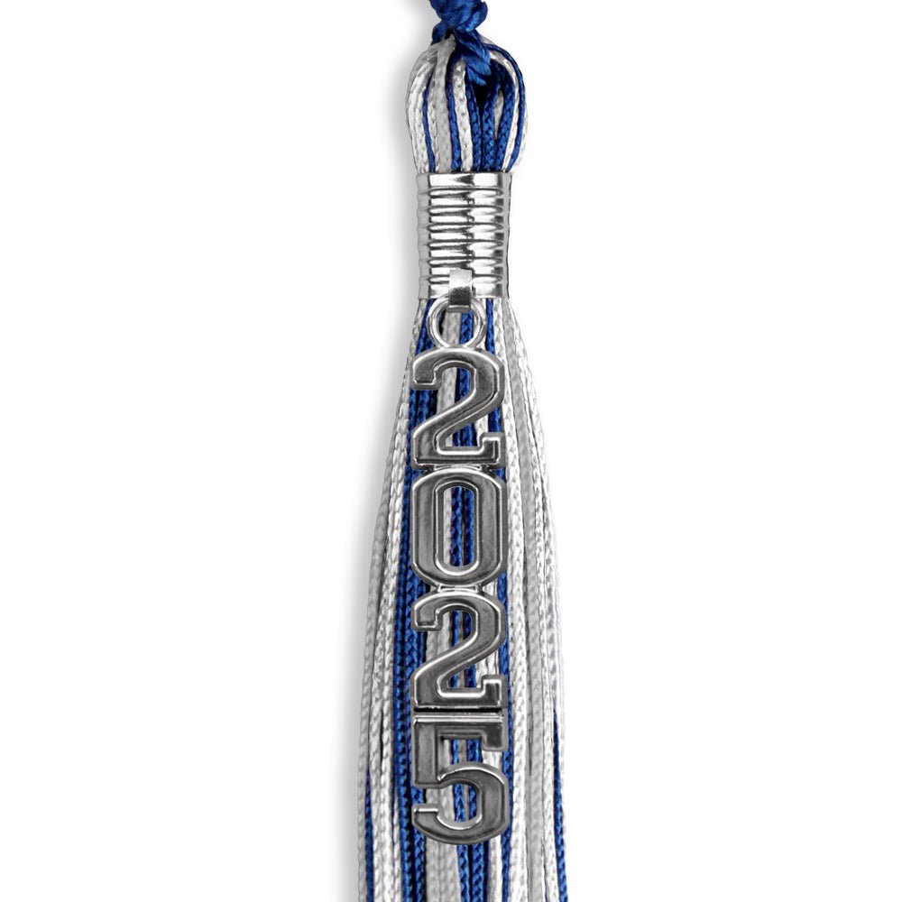 Royal Blue/Silver/White Mixed Color Graduation Tassel with Silver Stacked Date Drop - Endea Graduation