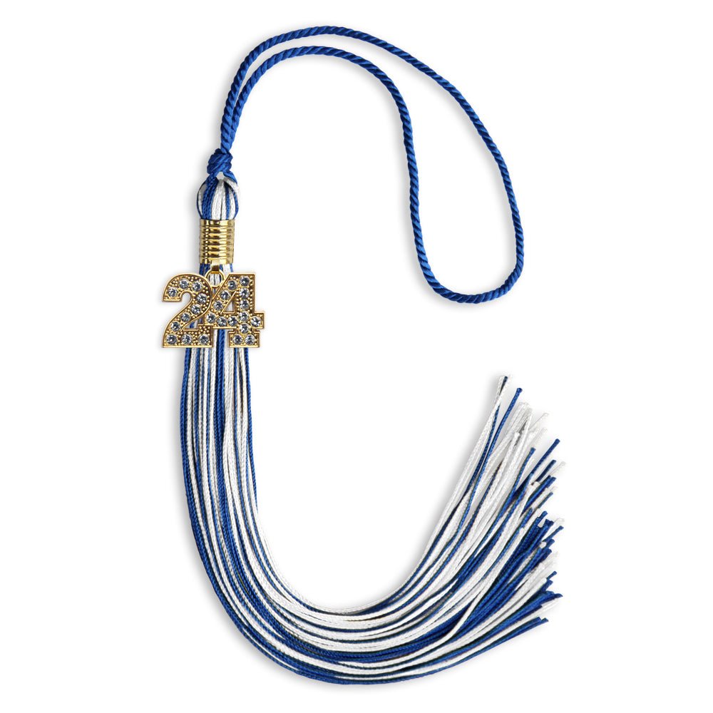 Royal Blue/White Mixed Color Graduation Tassel with Gold Date Drop - Endea Graduation