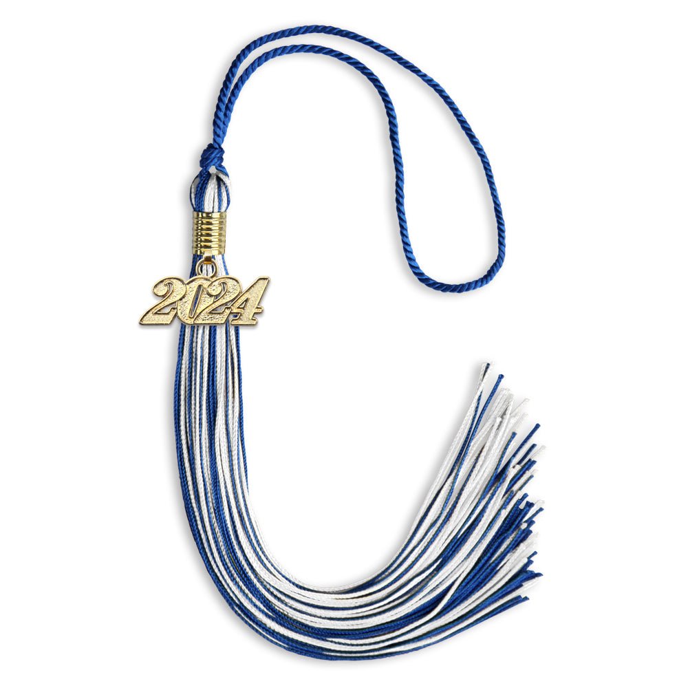 Royal Blue/White Mixed Color Graduation Tassel with Gold Date Drop - Endea Graduation