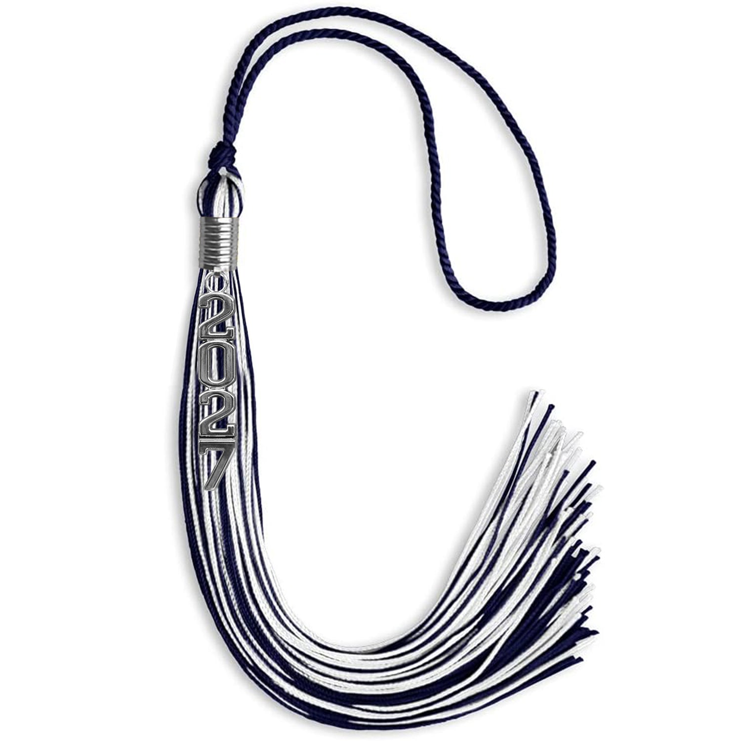 Royal Blue/White Mixed Color Graduation Tassel with Stacked Silver Date Drop - Endea Graduation