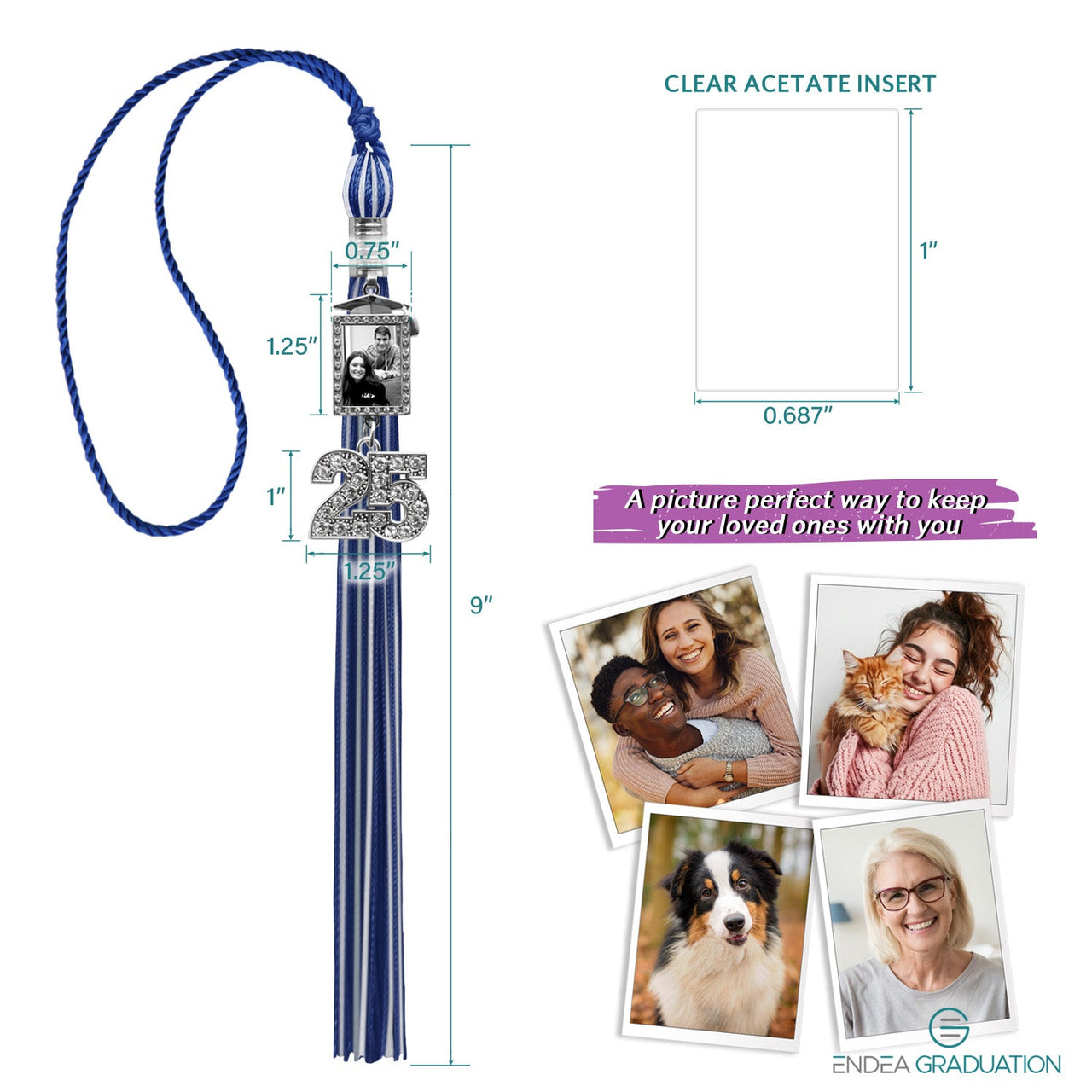 Royal Blue/White Tassel with Photo Frame Charm and Bling Charm - Endea Graduation