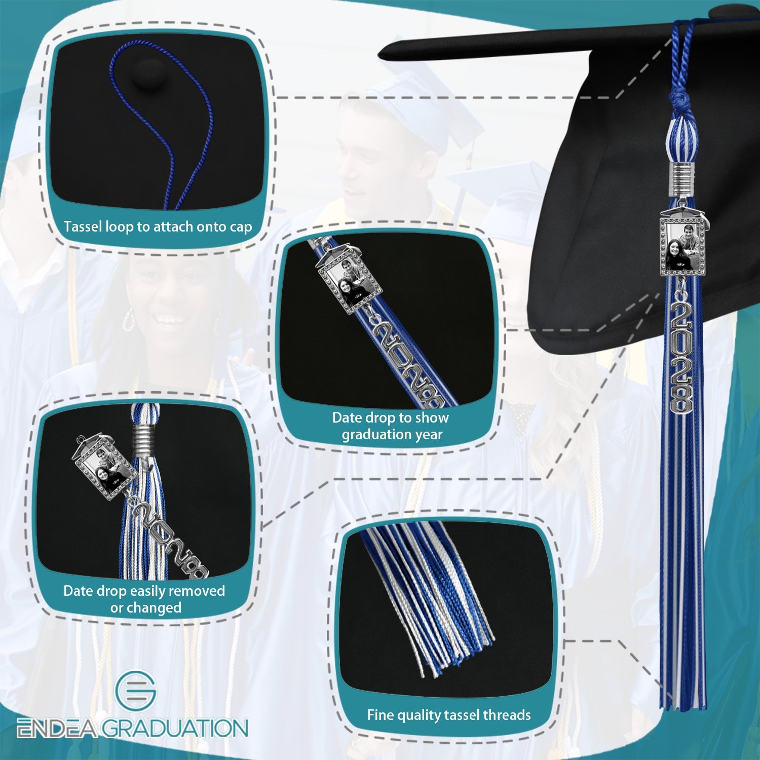 Royal Blue/White Tassel with Photo Frame Charm and Stacked Date Drop - Endea Graduation