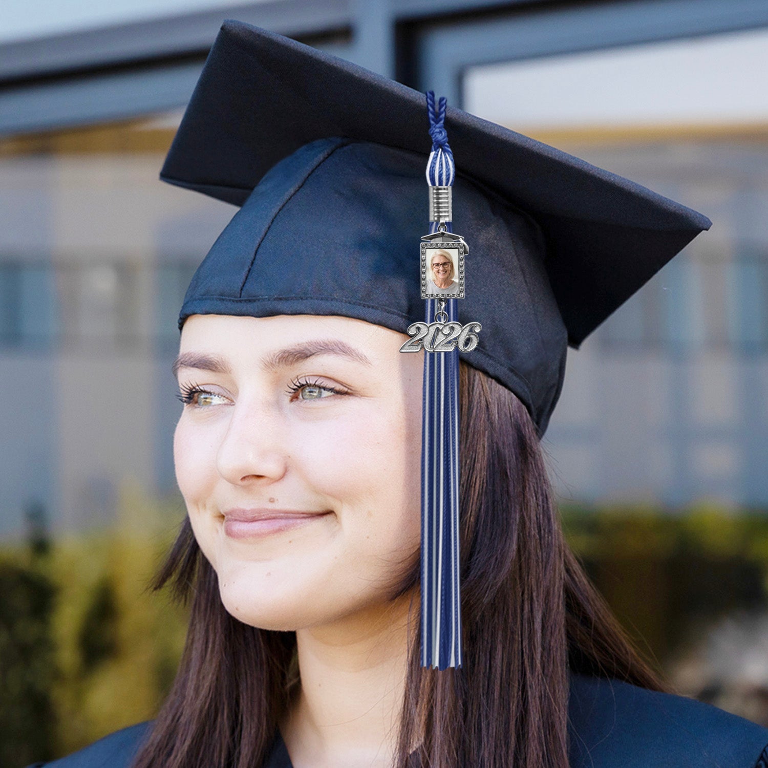 Royal Blue/White Tassel with Photo Frame Charm and Year Date Drop - Endea Graduation