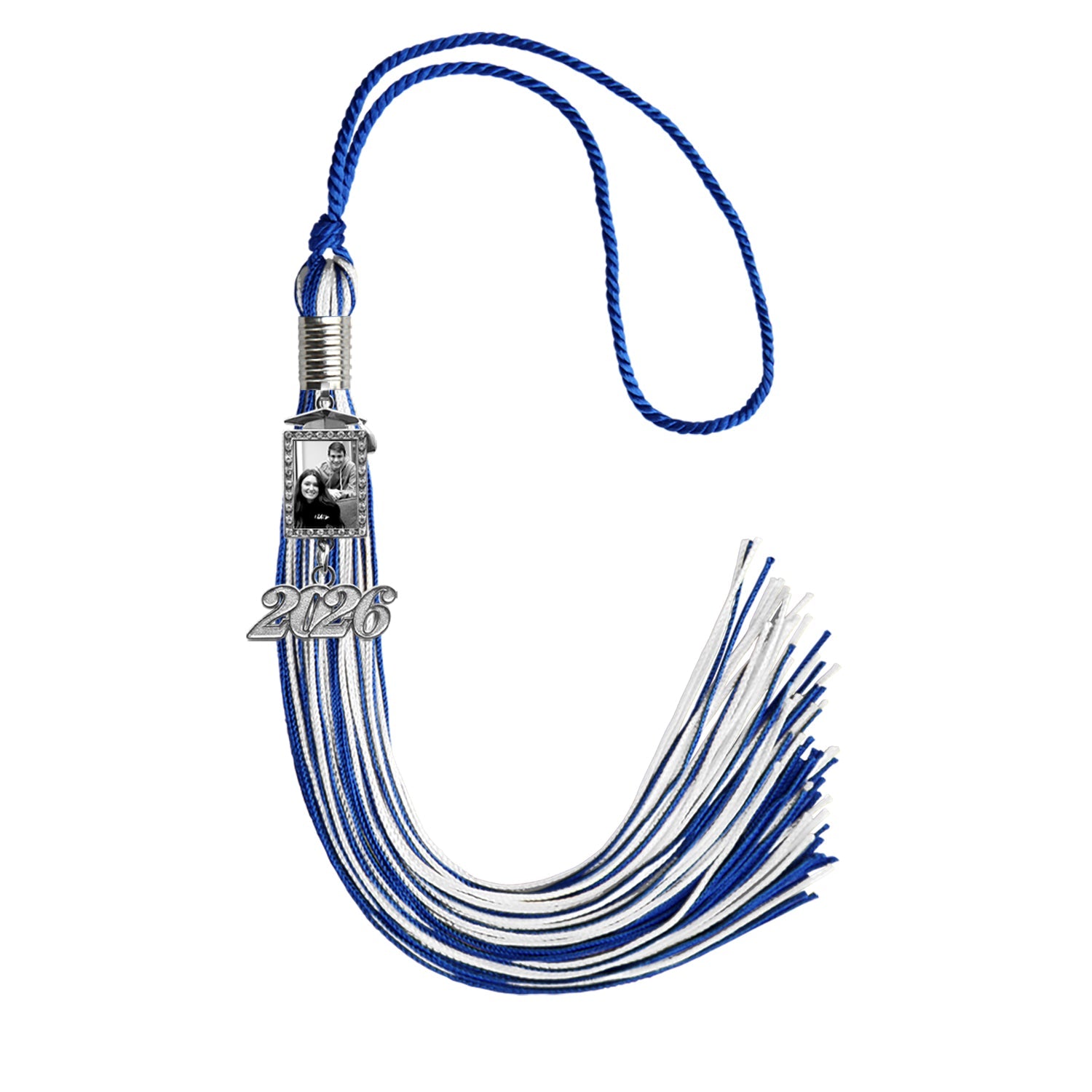 Royal Blue/White Tassel with Photo Frame Charm and Year Date Drop - Endea Graduation