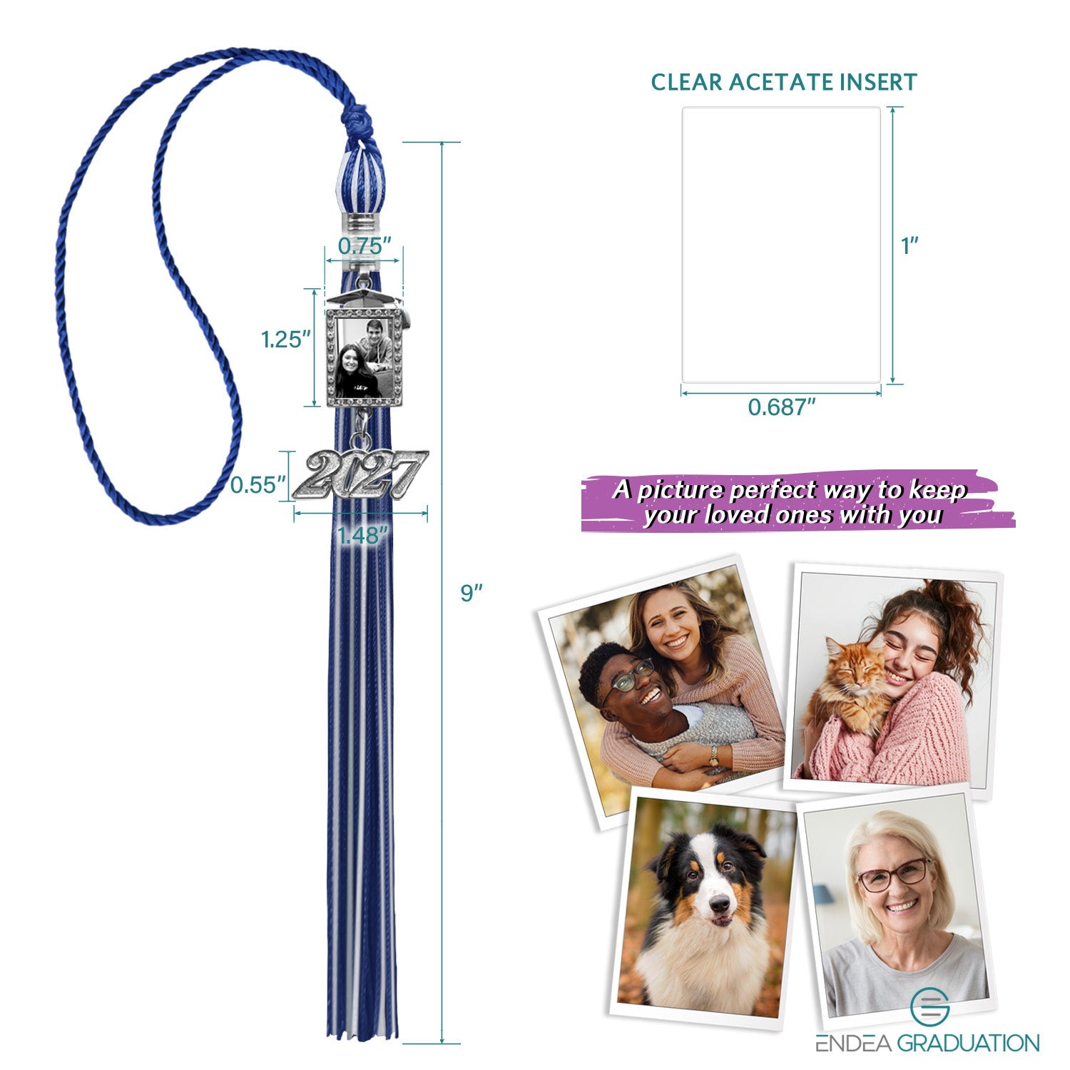 Royal Blue/White Tassel with Photo Frame Charm and Year Date Drop - Endea Graduation