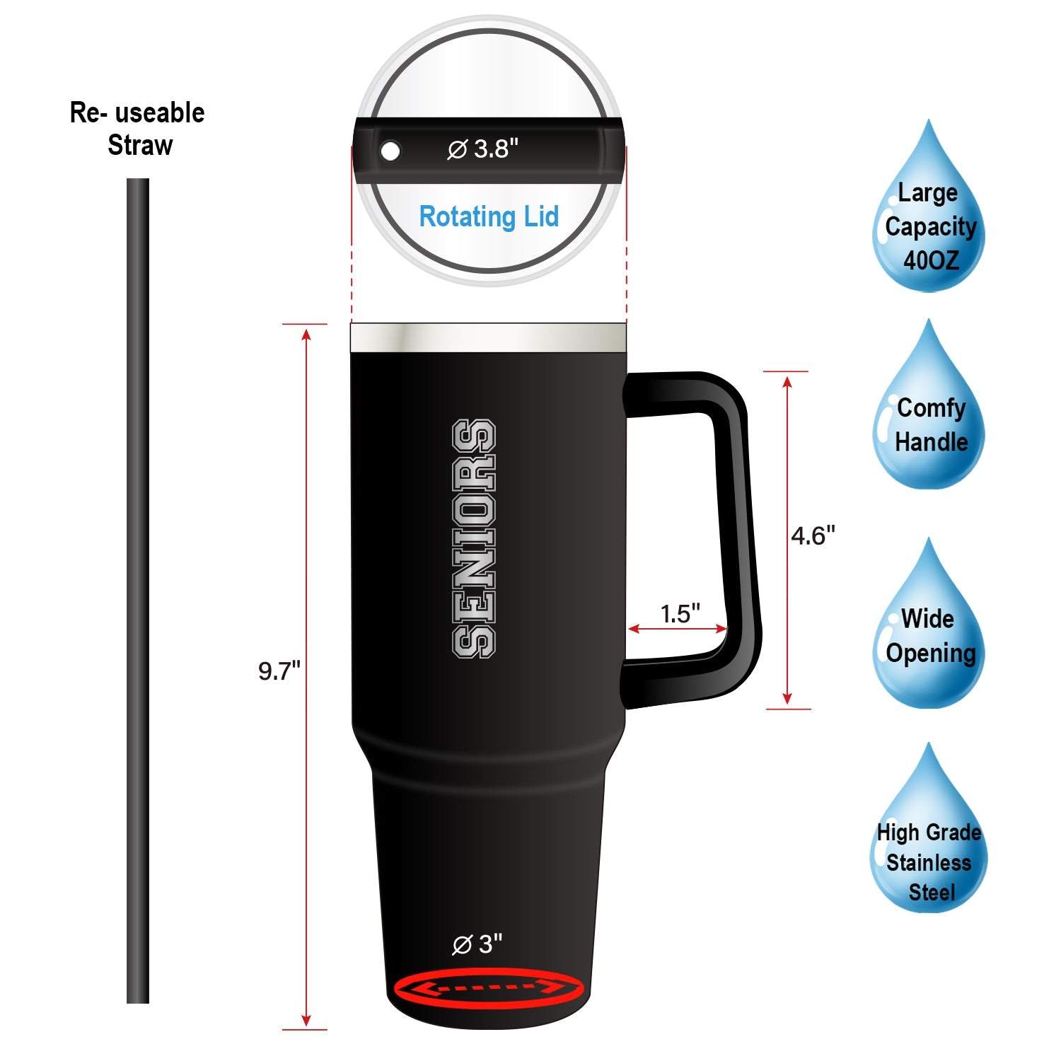 Seniors Engraved Stainless Steel 40oz Tumbler with Straw & Lid - Endea Graduation