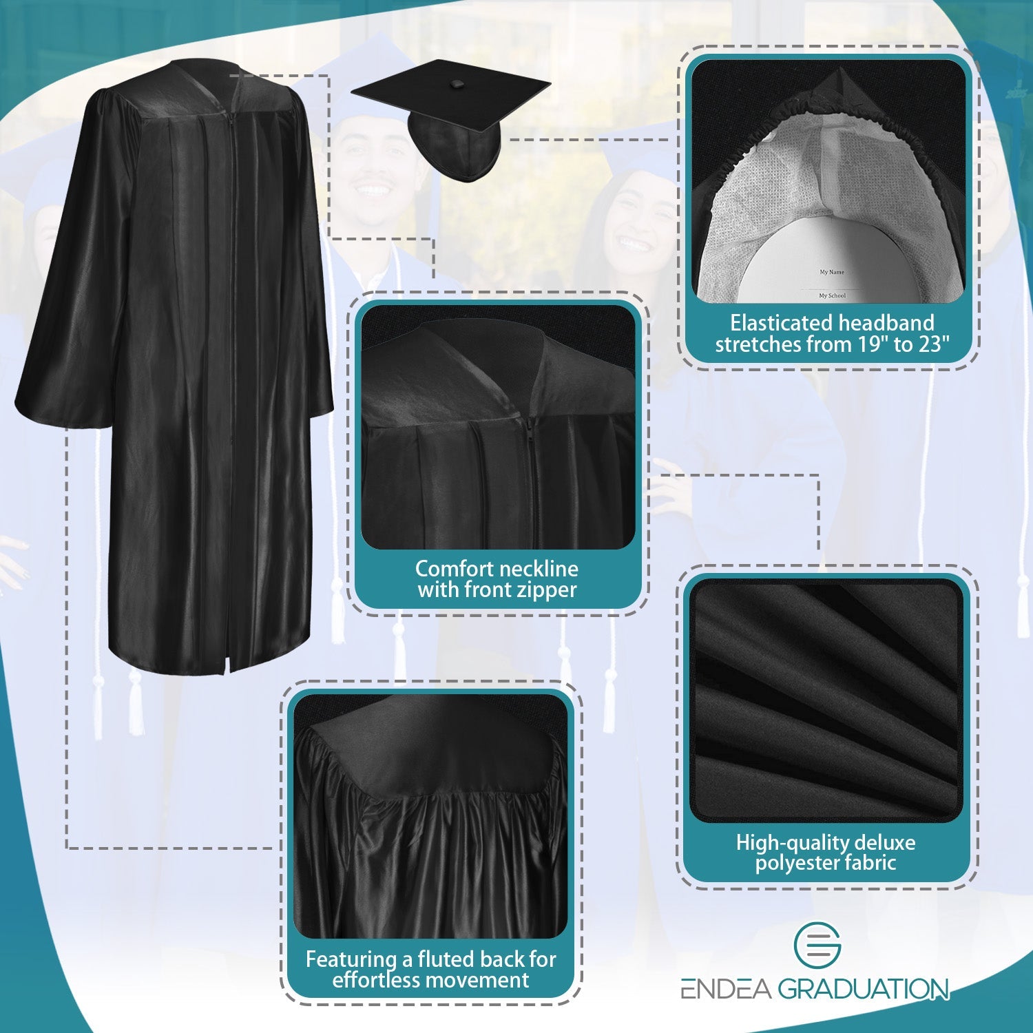 Shiny Black Graduation Gown & Cap - Endea Graduation
