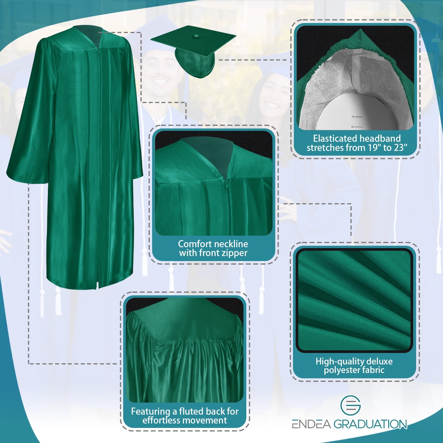 Shiny Emerald Green Graduation Gown & Cap - Endea Graduation
