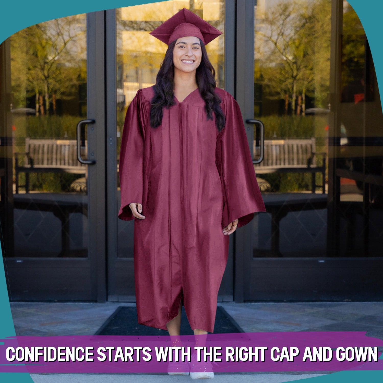slim fit dress slacks Shiny Garnet Graduation Gown & Cap