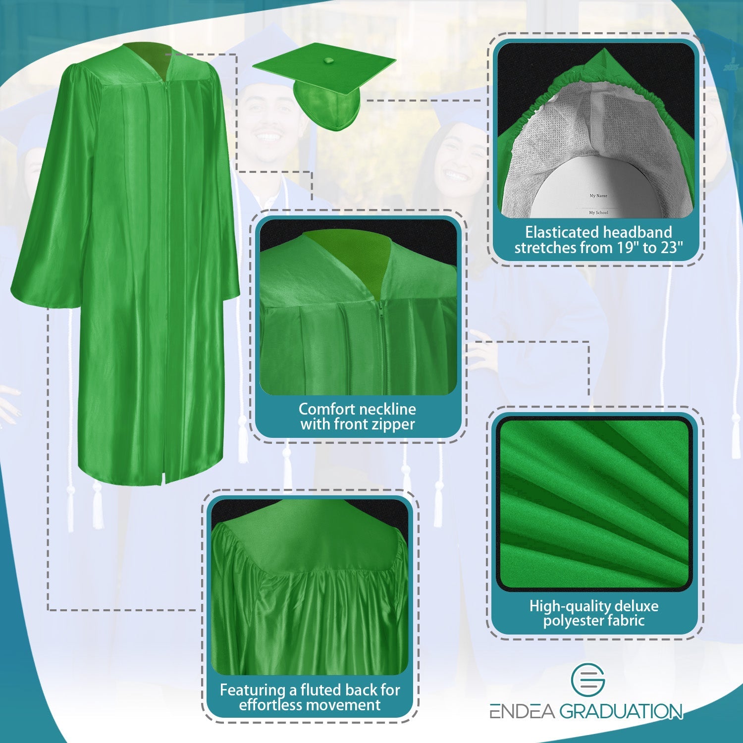 Shiny Green Graduation Gown & Cap - Endea Graduation