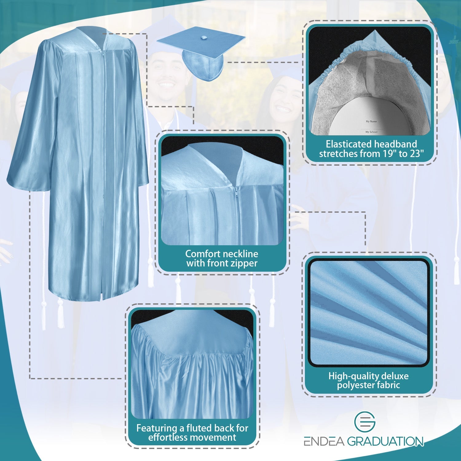 Shiny Light Blue Graduation Gown & Cap - Endea Graduation