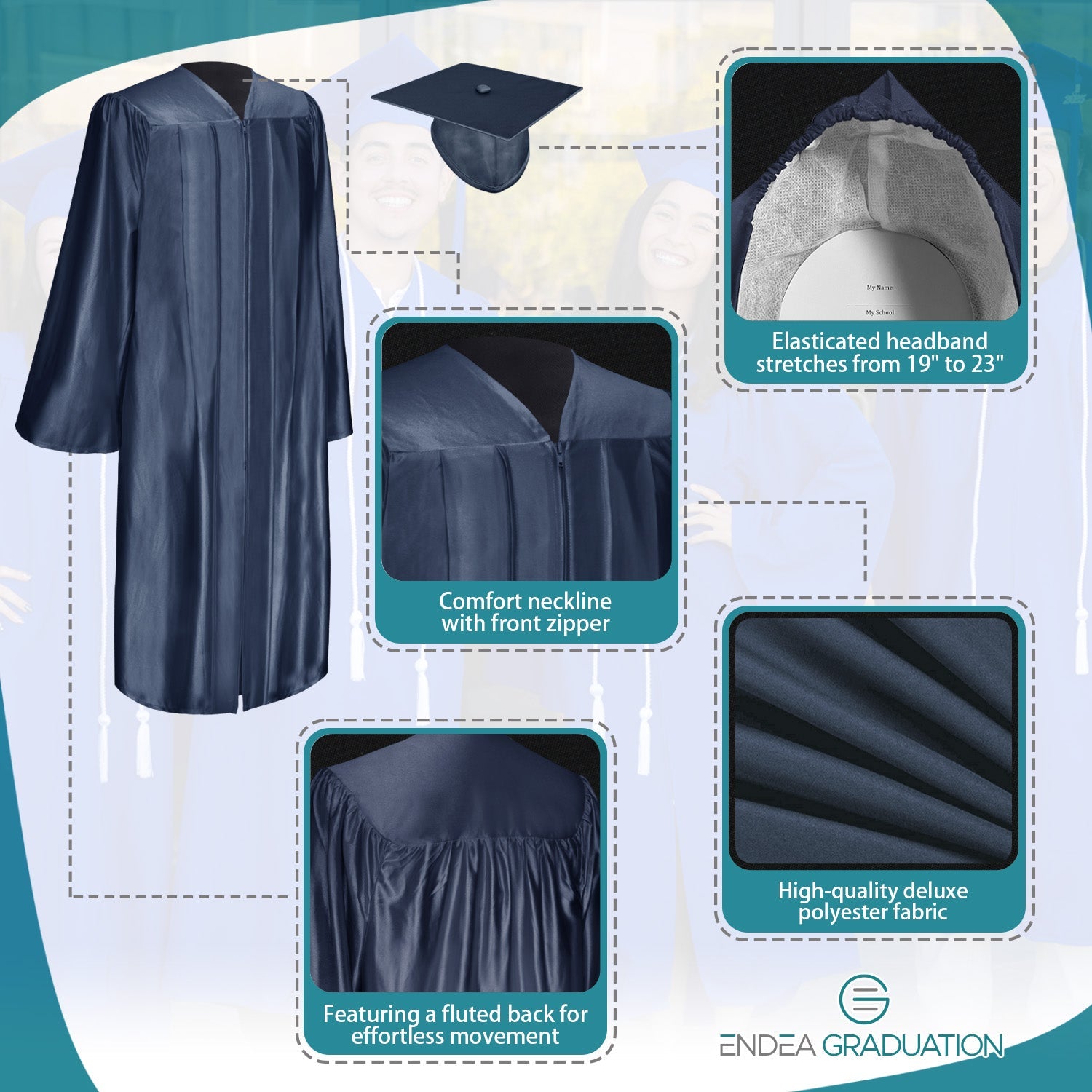 Shiny Navy Blue Graduation Gown & Cap - Endea Graduation