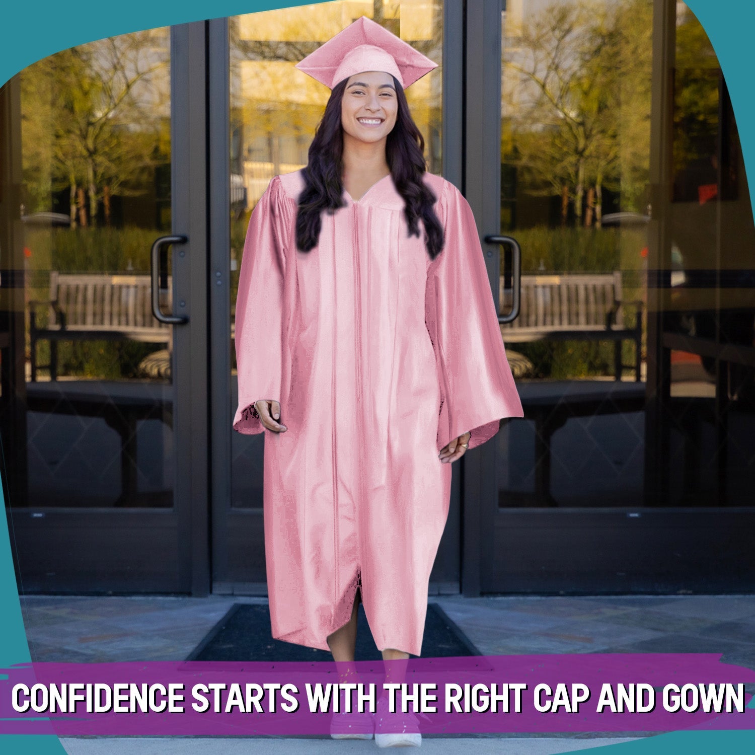 strapless open back dress Shiny Pink Graduation Gown & Cap