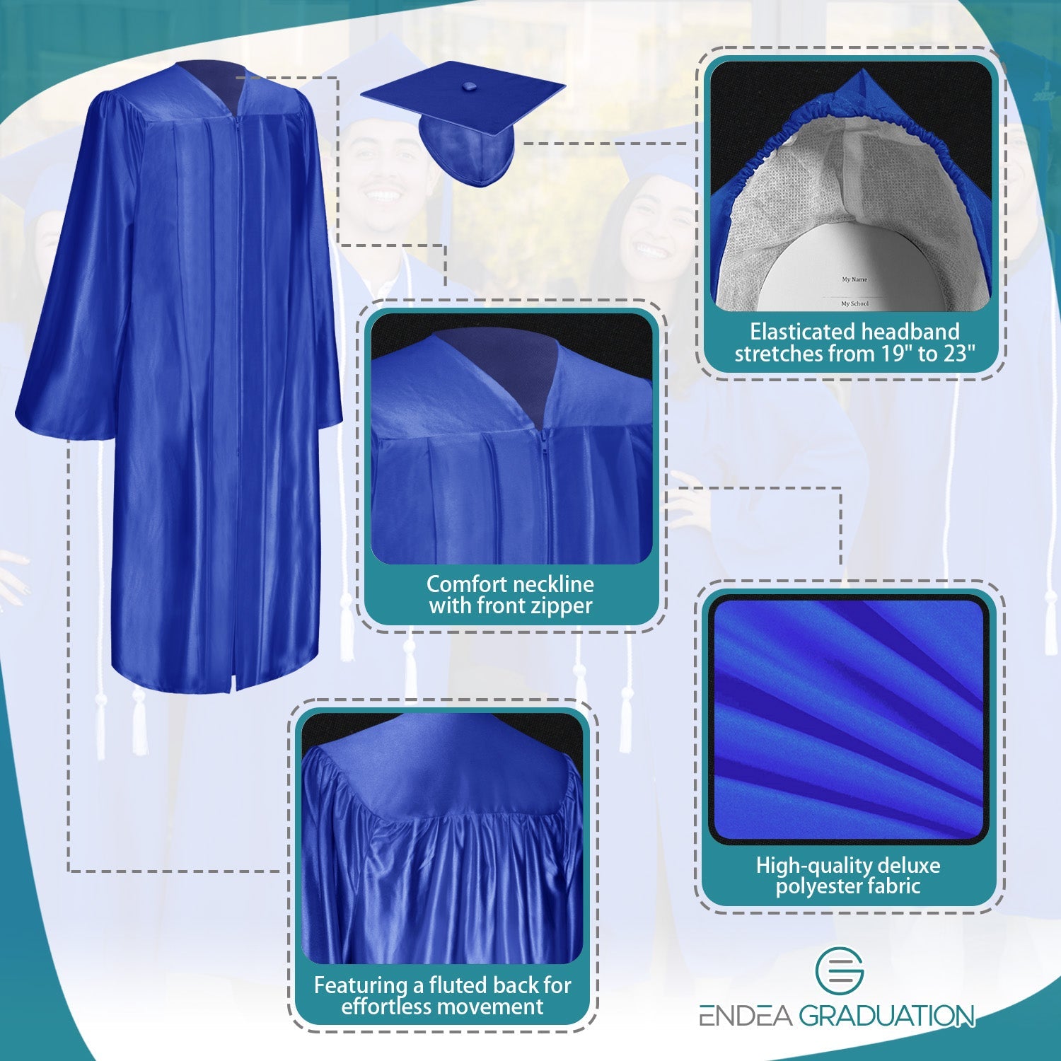 Shiny Royal Blue Graduation Gown & Cap - Endea Graduation