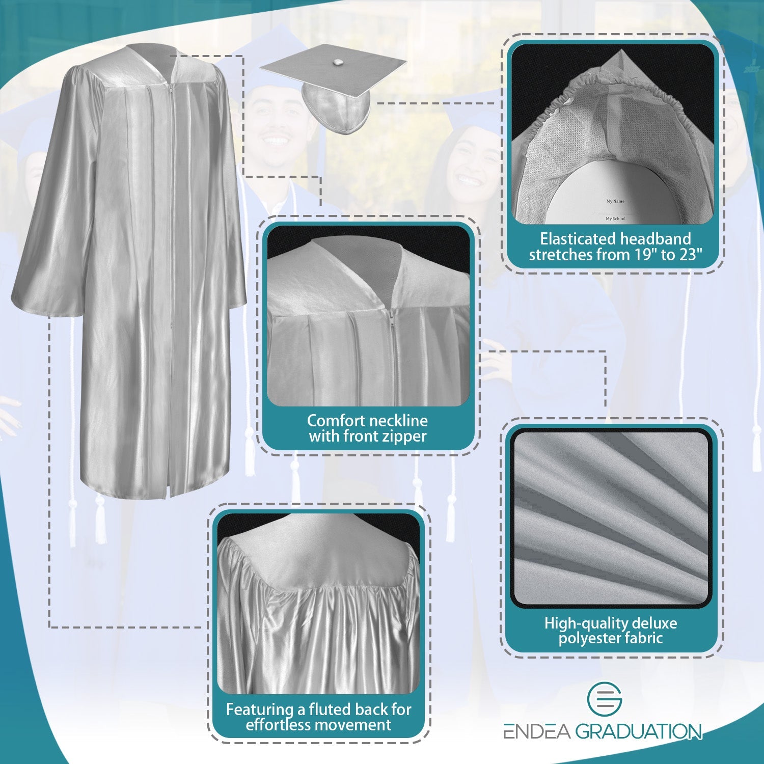 Endea Graduation Shiny Silver Graduation Gown Cap