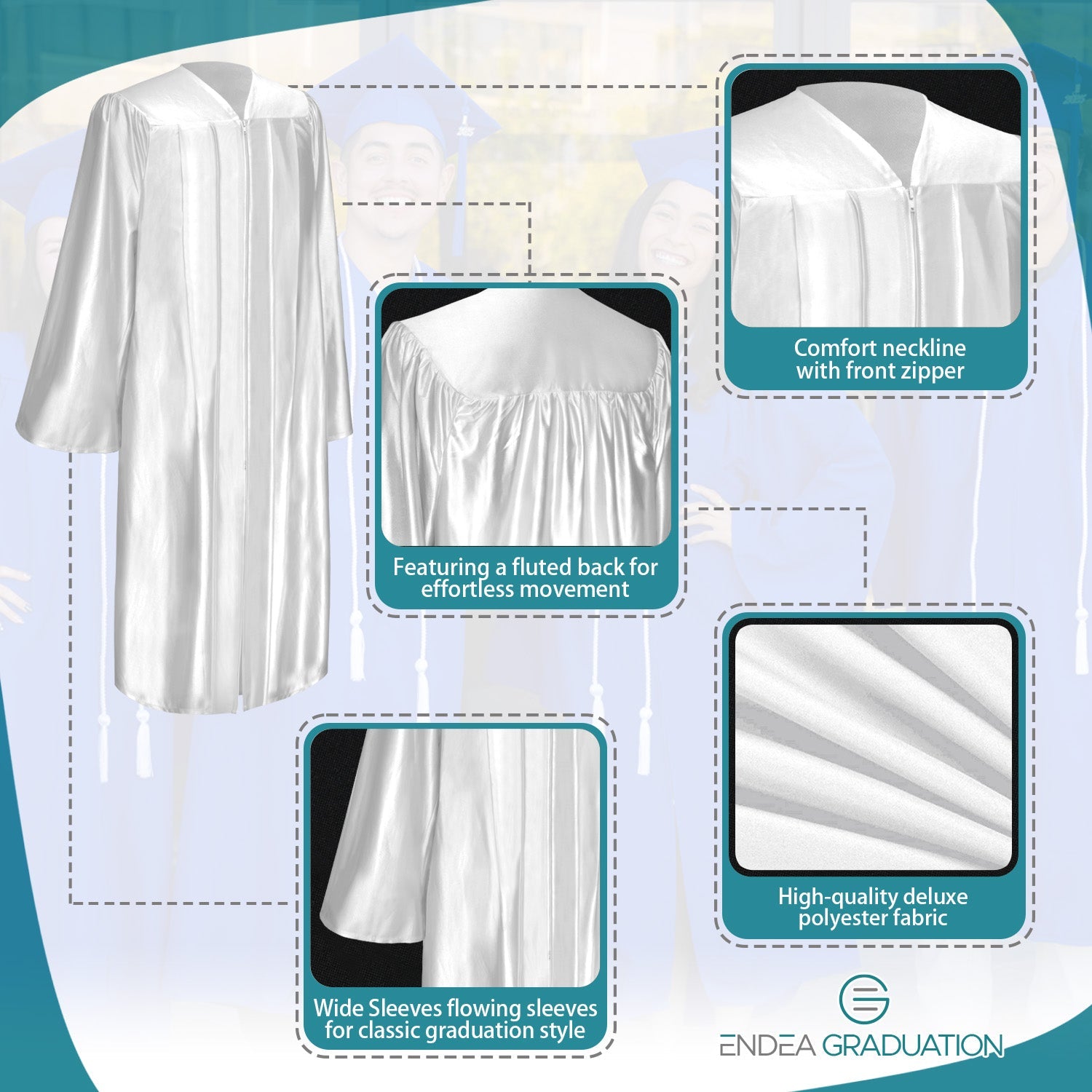 Shiny White Graduation Gown - Endea Graduation