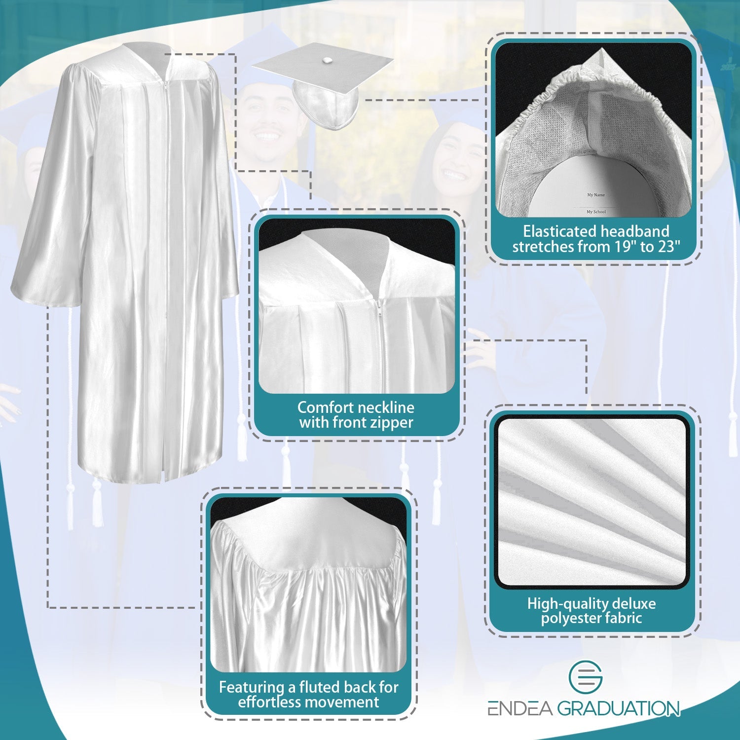 Shiny White Graduation Gown & Cap - Endea Graduation