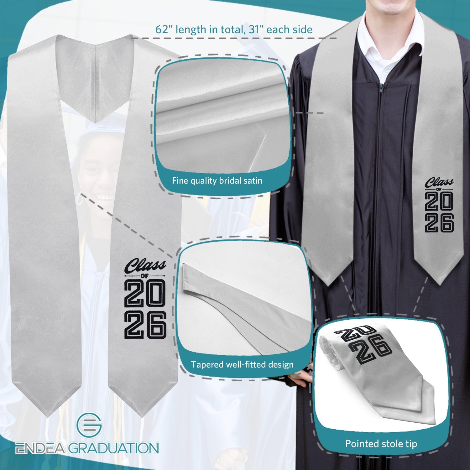 Silver Class of 2026 Graduation Stole/Sash with Classic Tips - Endea Graduation