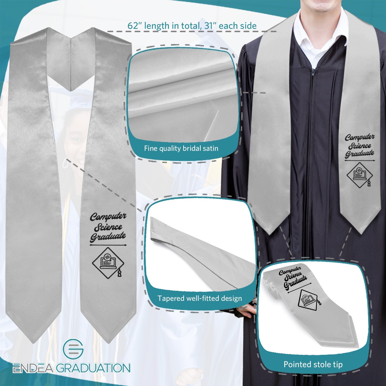 Silver Computer Science Graduate Stole/Sash with Classic Tips - Endea Graduation