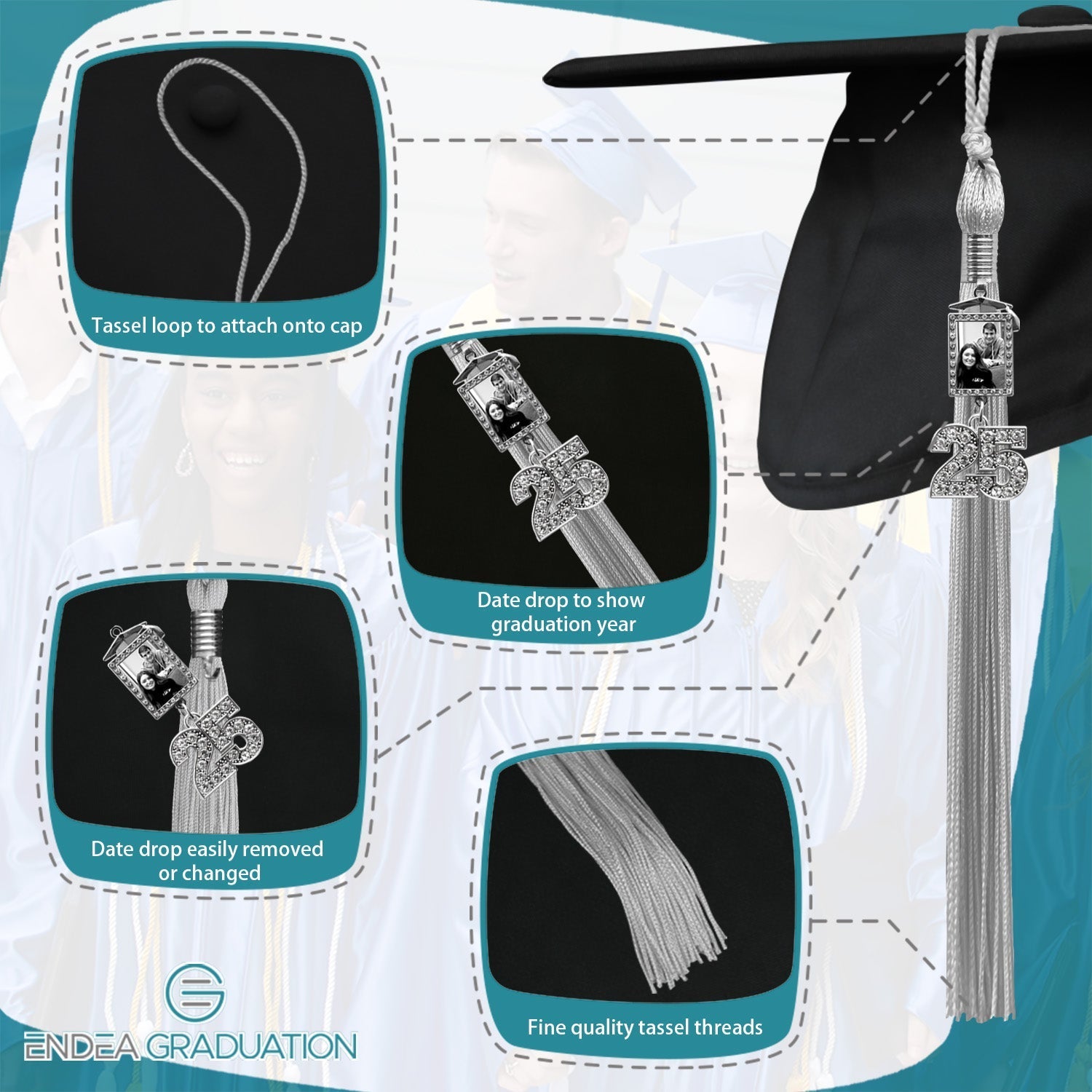 Silver Tassel with Photo Frame Charm and Bling Charm - Endea Graduation